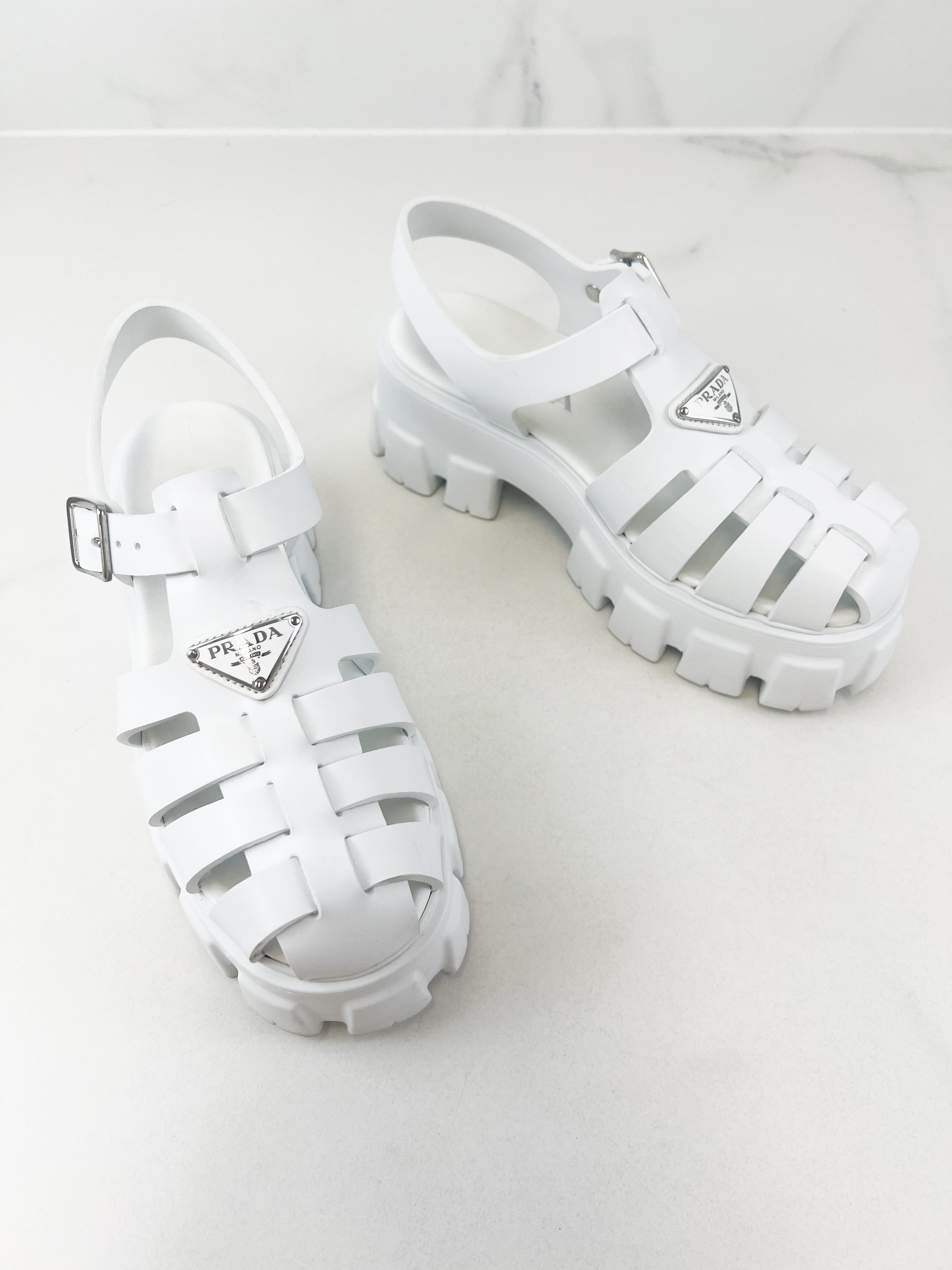 Prada White Logo Rubber Monolith Sandals in Size 38