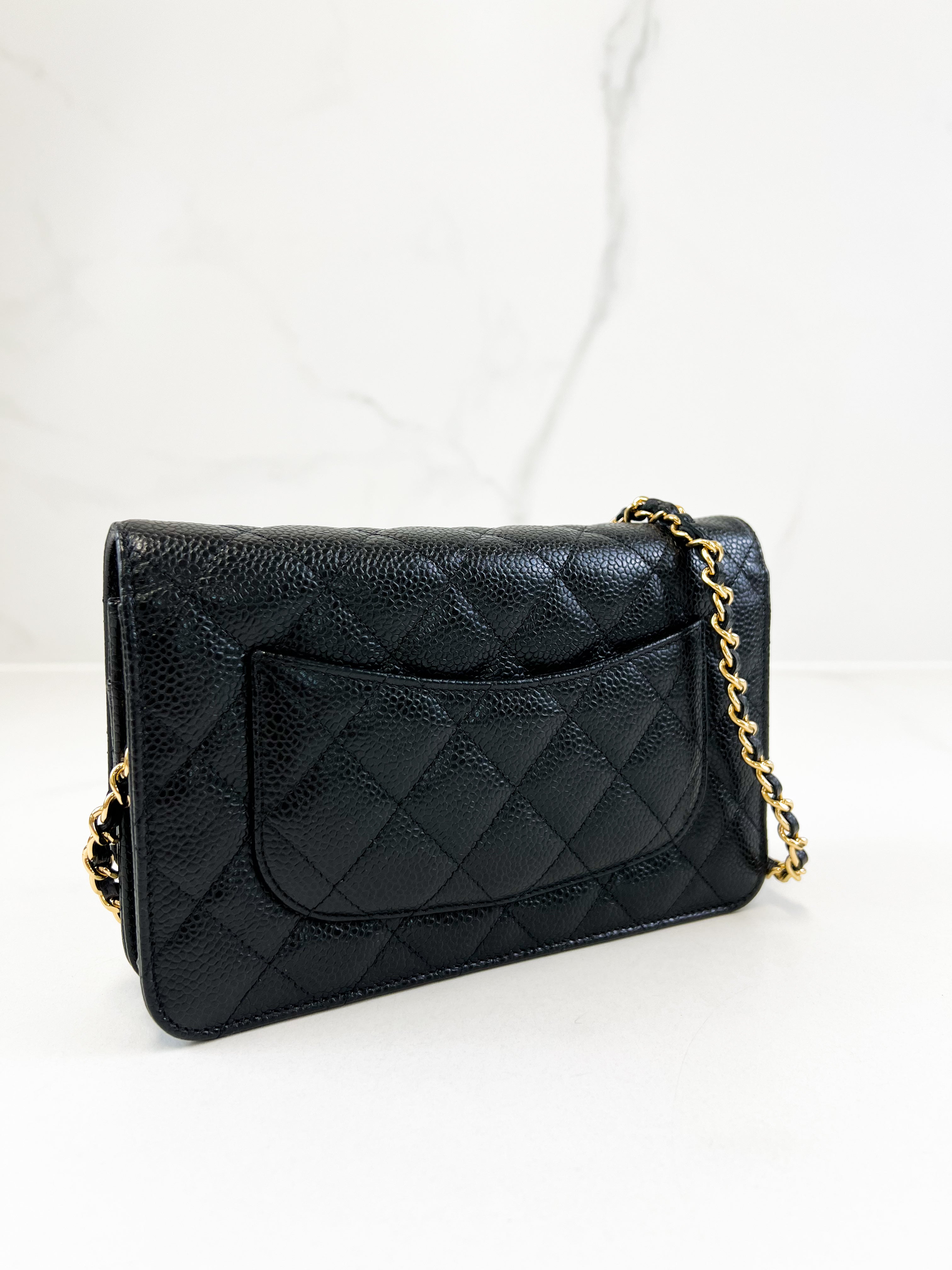Chanel Black Caviar CC Classic Wallet On Chain GHW