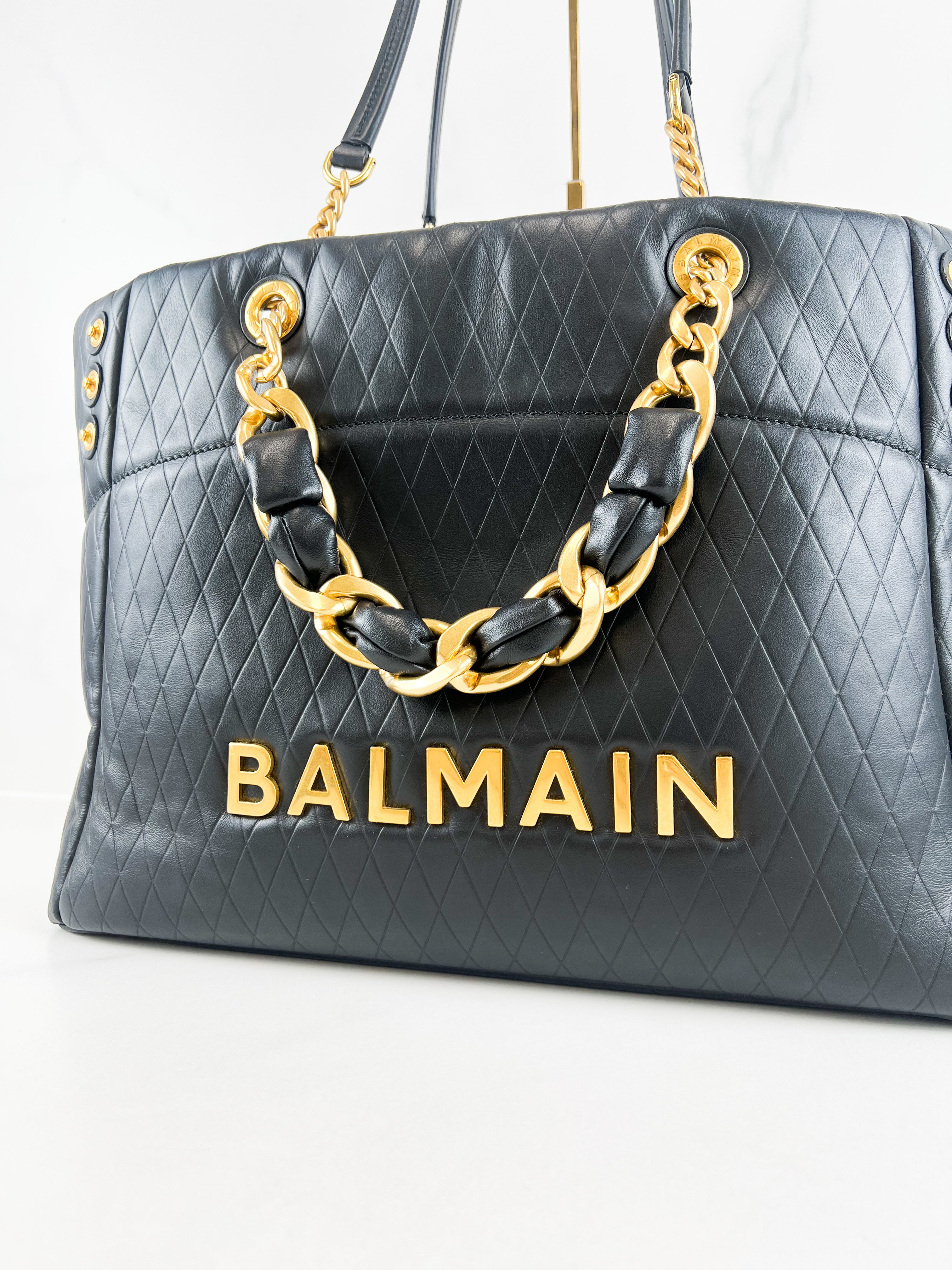 Balmain Soft Leather Tote Bag in Black Calf Leather with Gold-Tone Hardware