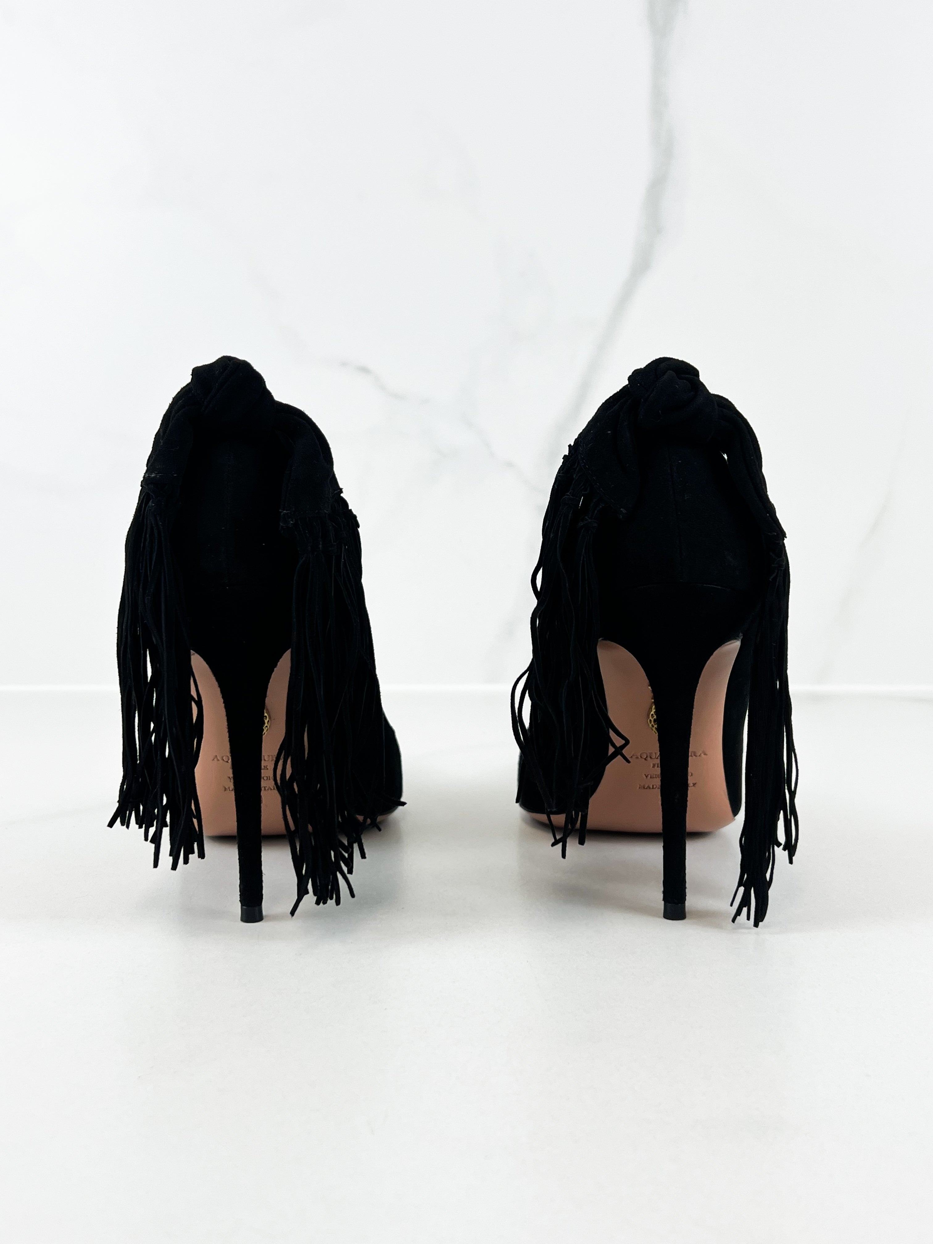 Aquazzura Black Suede Fringe Tie Pumps 105 Size 39