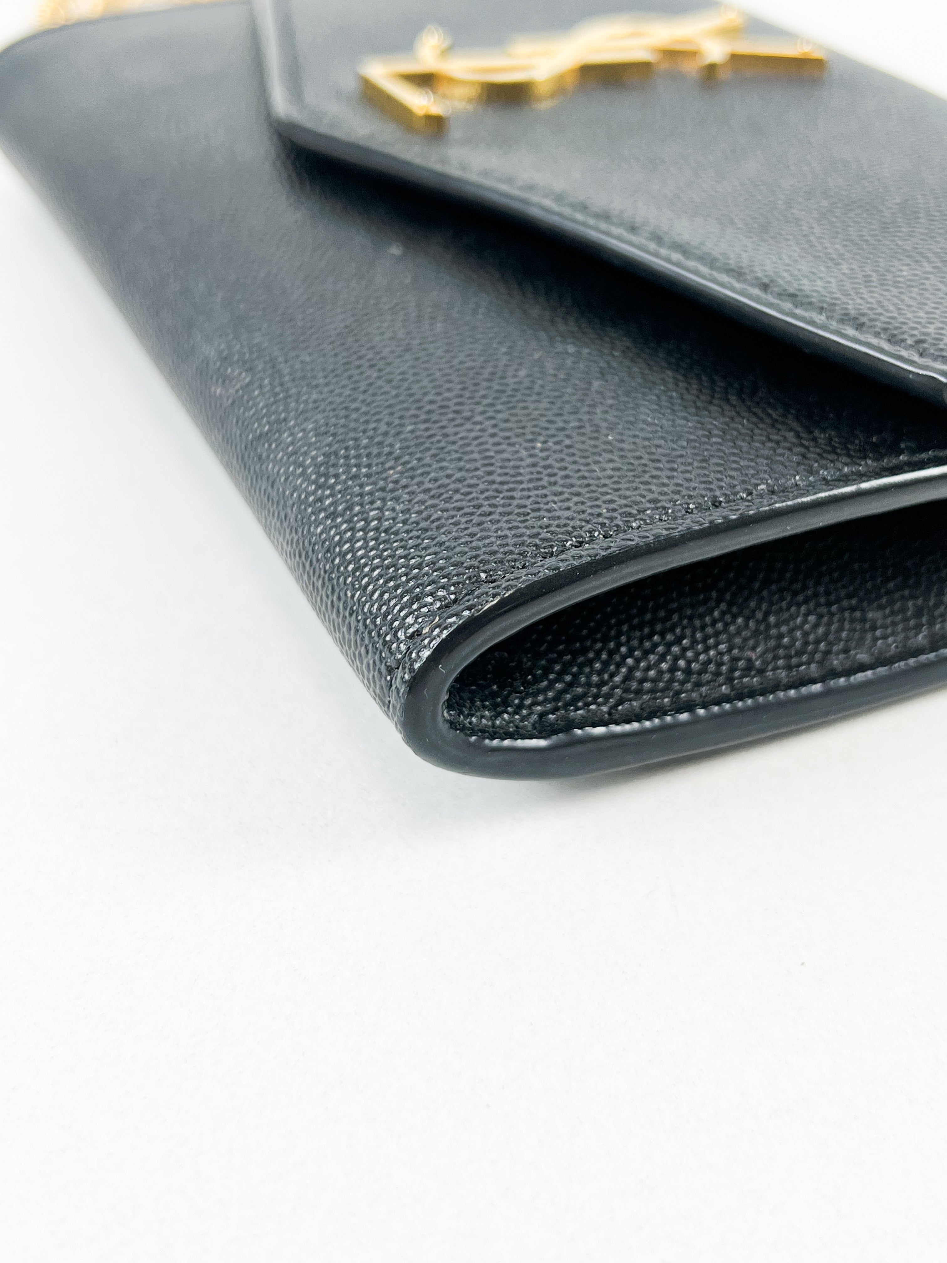 Saint Laurent Black Grained Leather Envelope Wallet on Chain with GHW