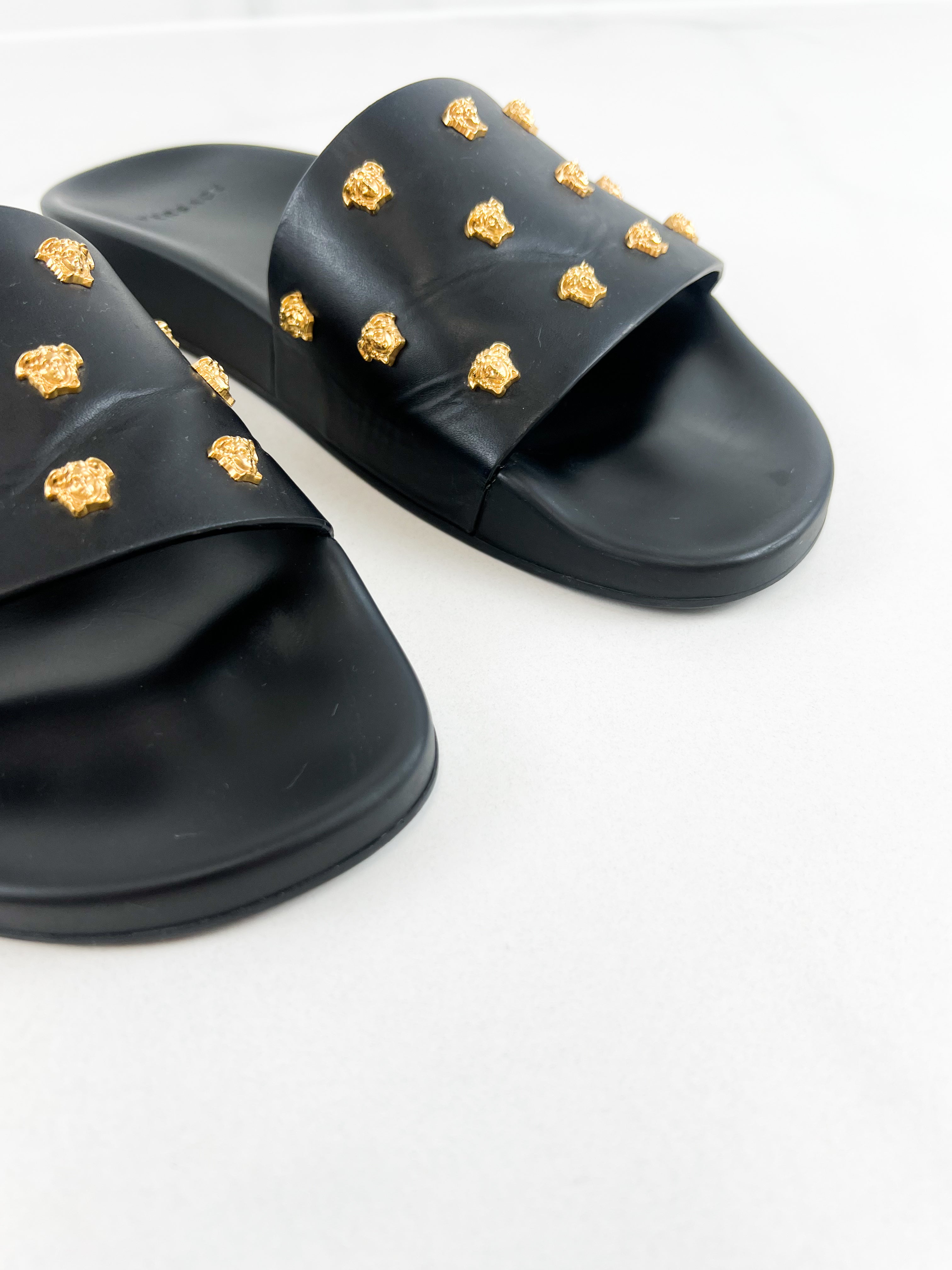 Versace Medusa Stud Leather Slides in Black Size 40