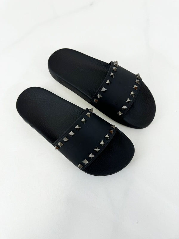 Valentino Black Rockstud Rubber Slides Size 38