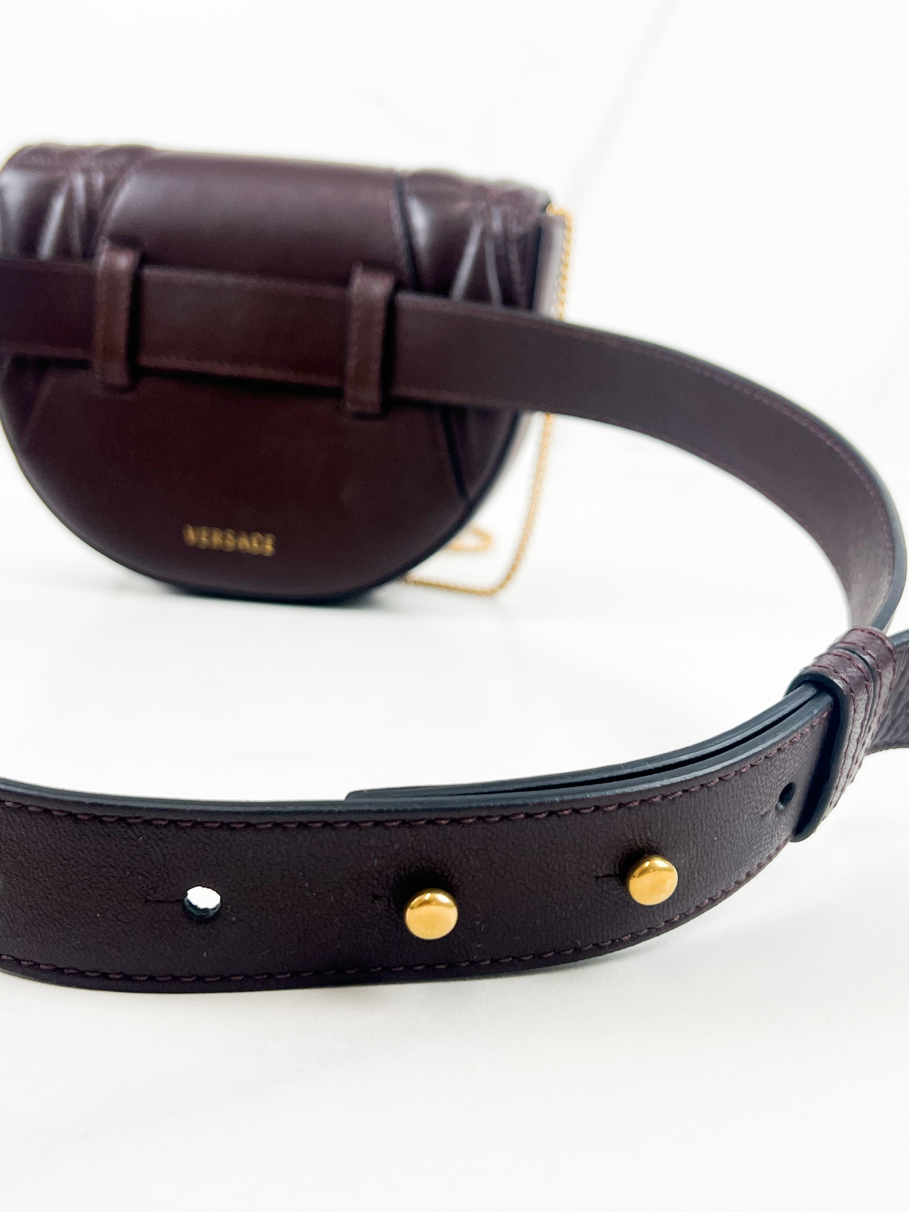 Versace V Logo Chocolate Leather Belt/Chain Bag