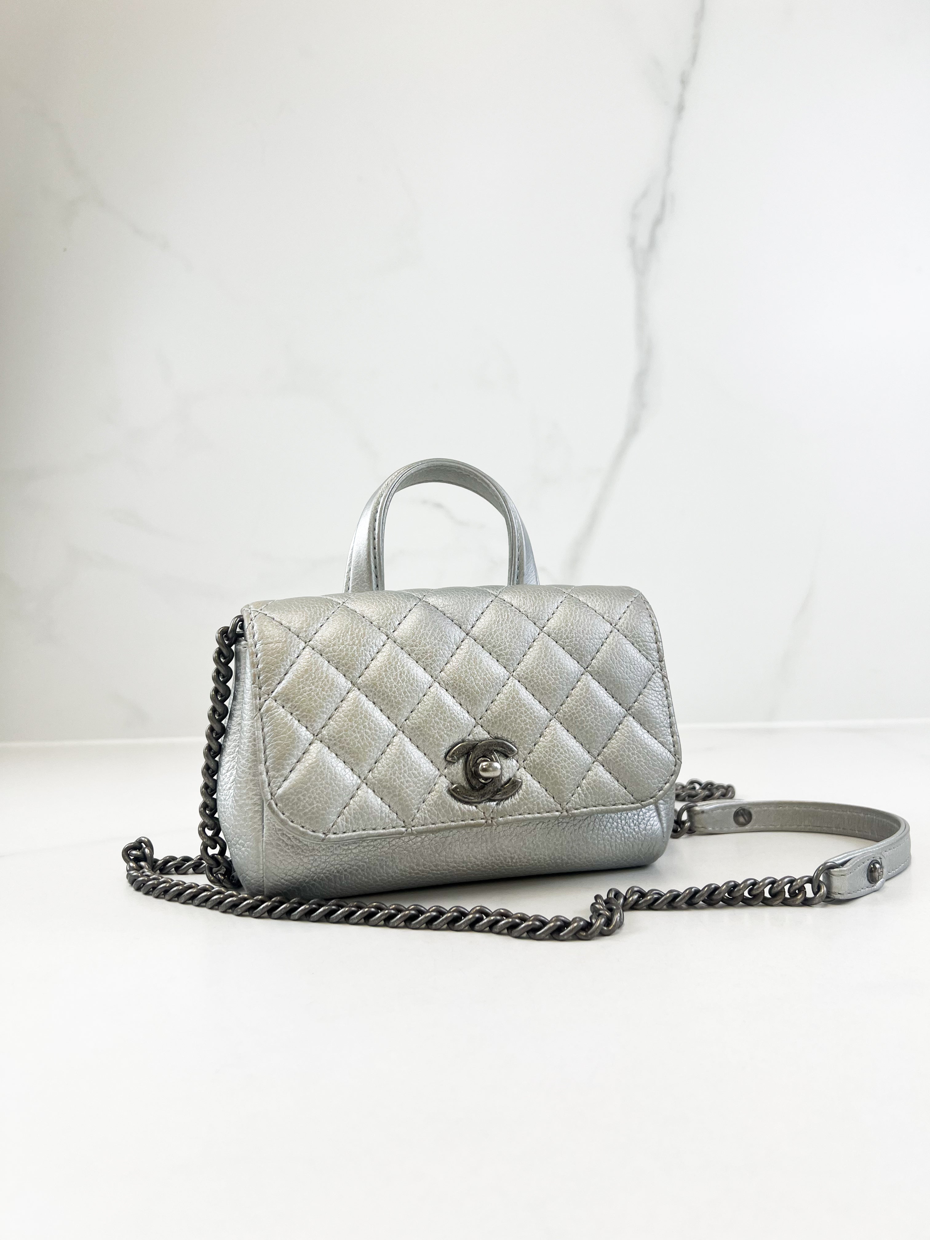 Chanel Quilted Caviar Mini Coco Silver Top Handle Bag