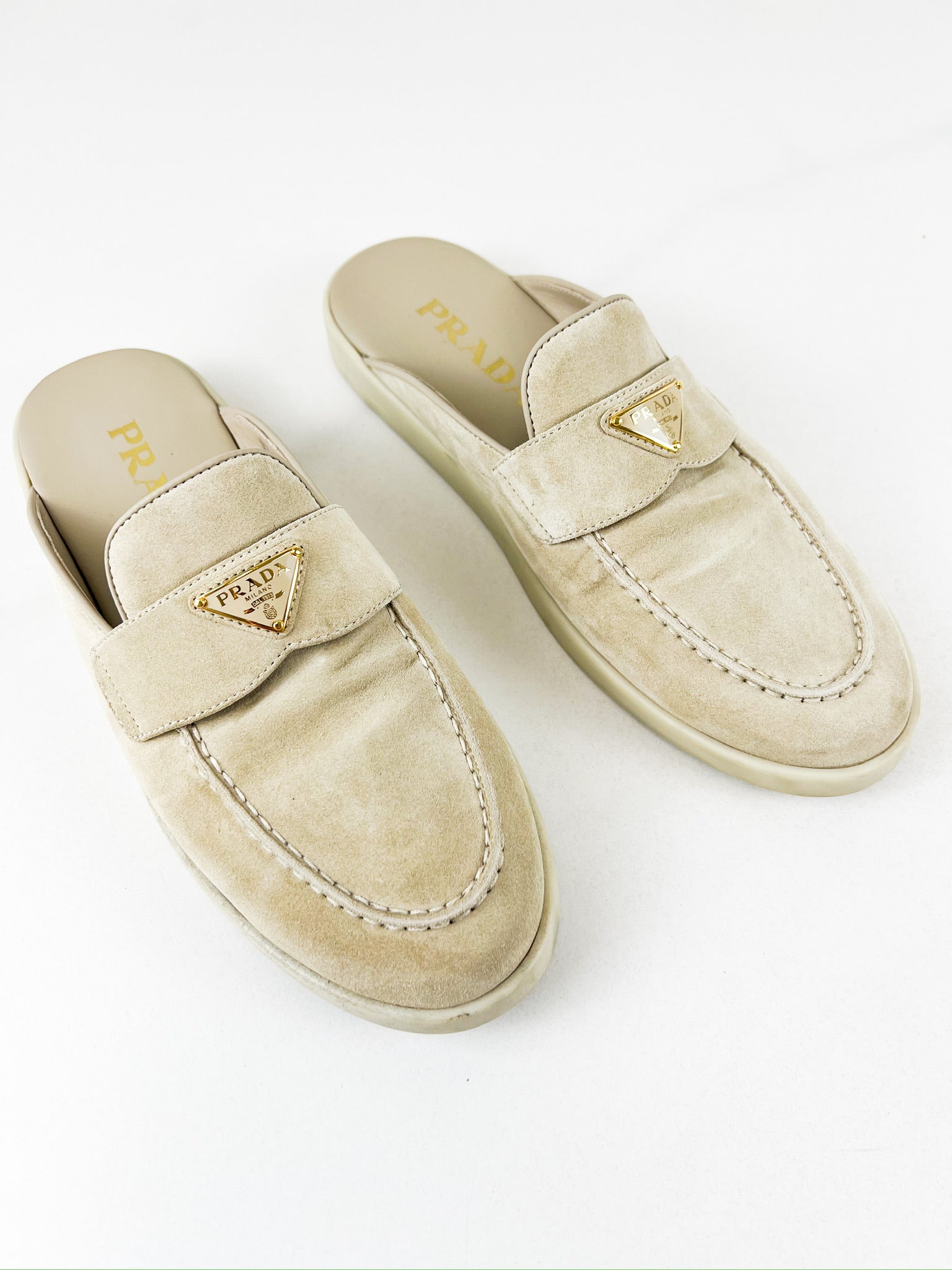 Prada Beige Suede Logo Mules Size 38