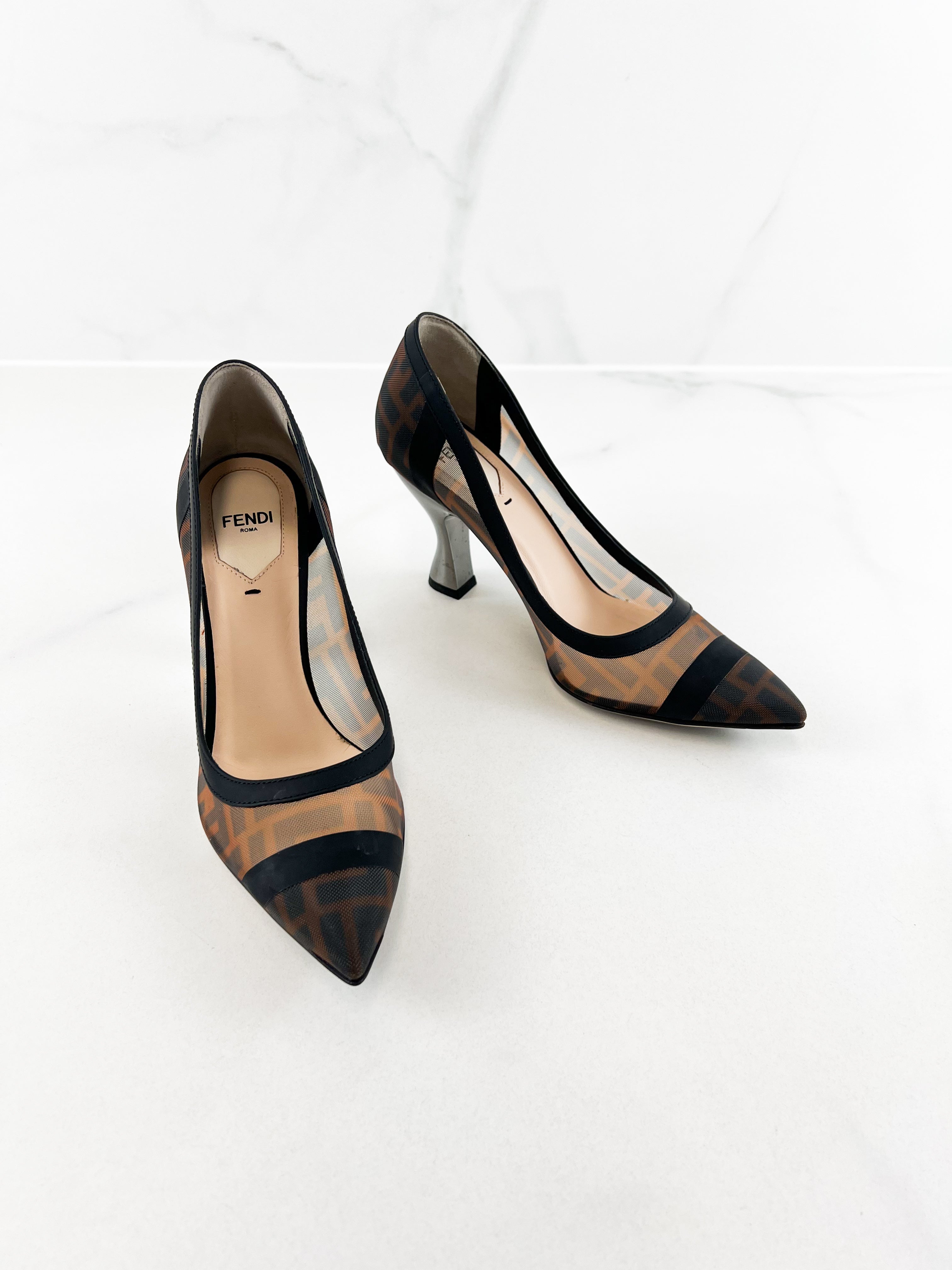Fendi Black/ Brown Net & Leather Colibri Pumps Size 36