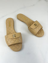 Chanel Beige Quilted Leather Slides Size 41