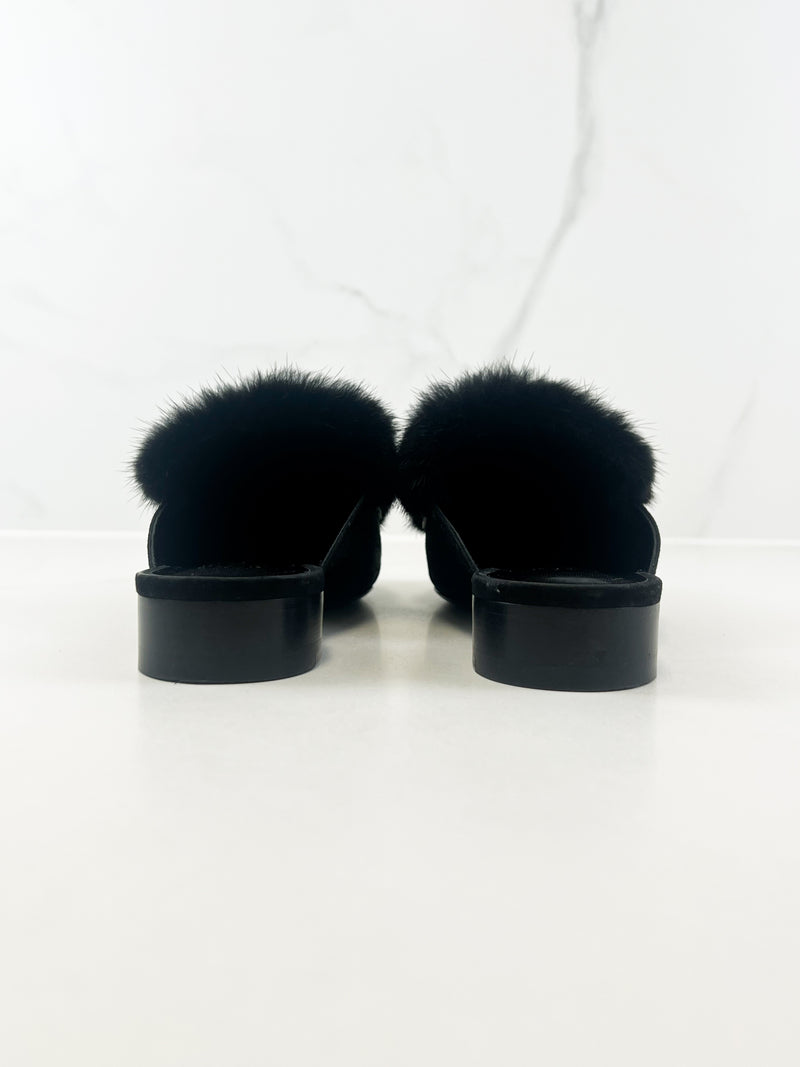 Hermes Black Suede Trocadero Mink Fur Mule Size 39