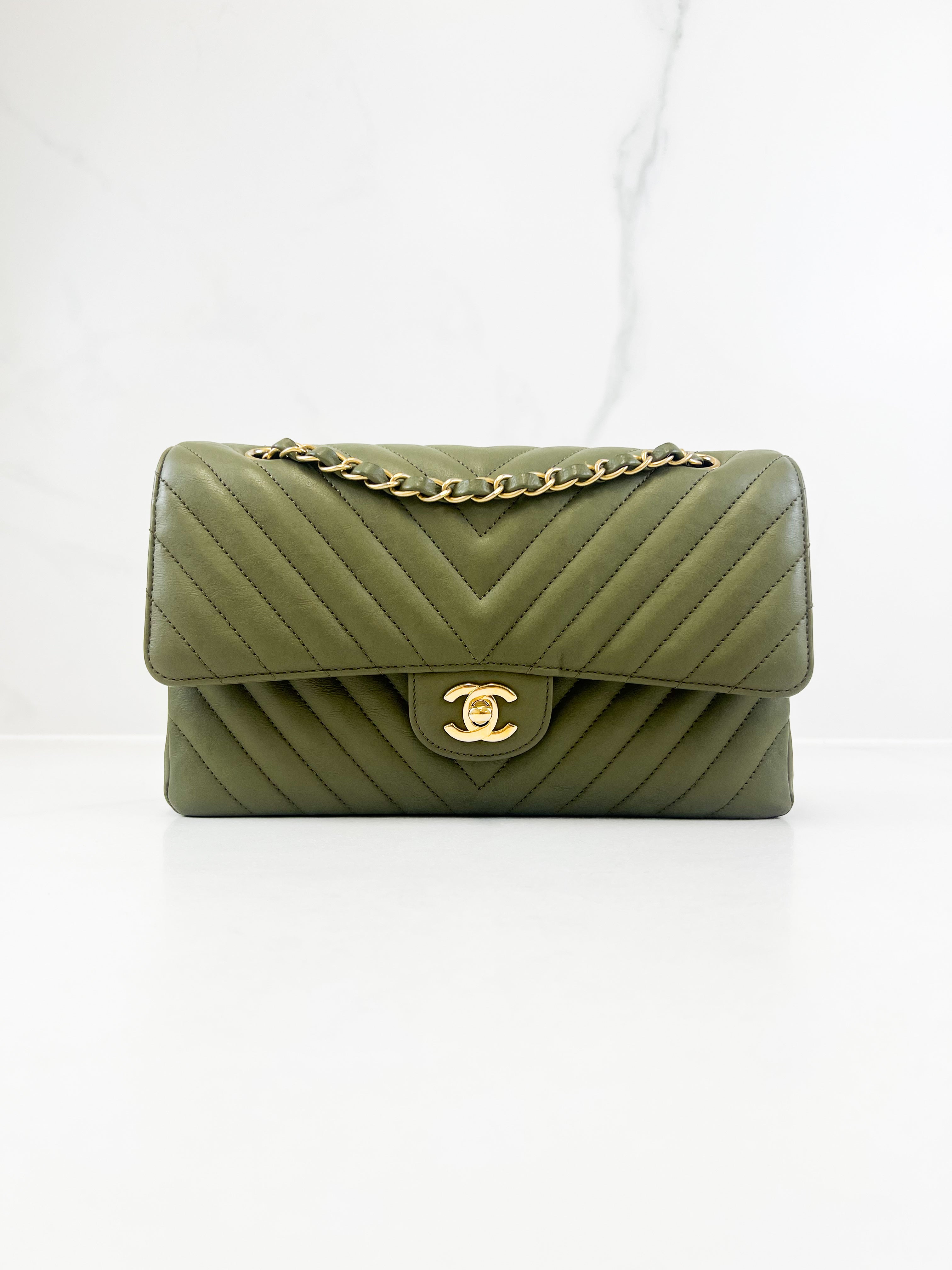 Chanel CC Medium Calfskin Olive Green Classic Double Flap Shoulder Bag GHW