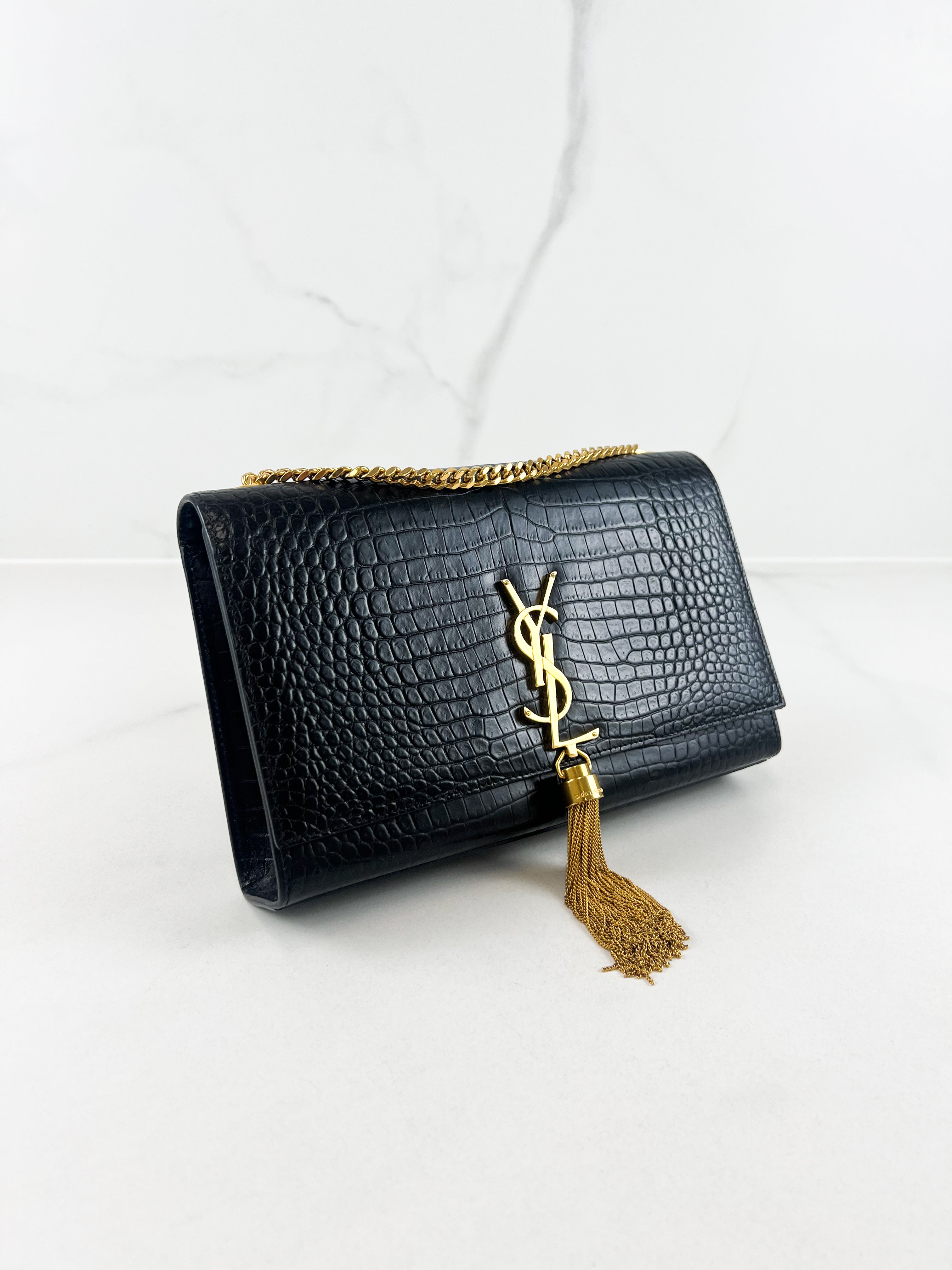 Saint Laurent Black Kate Medium Chain Bag with Tassel in Embossed Croc Leather