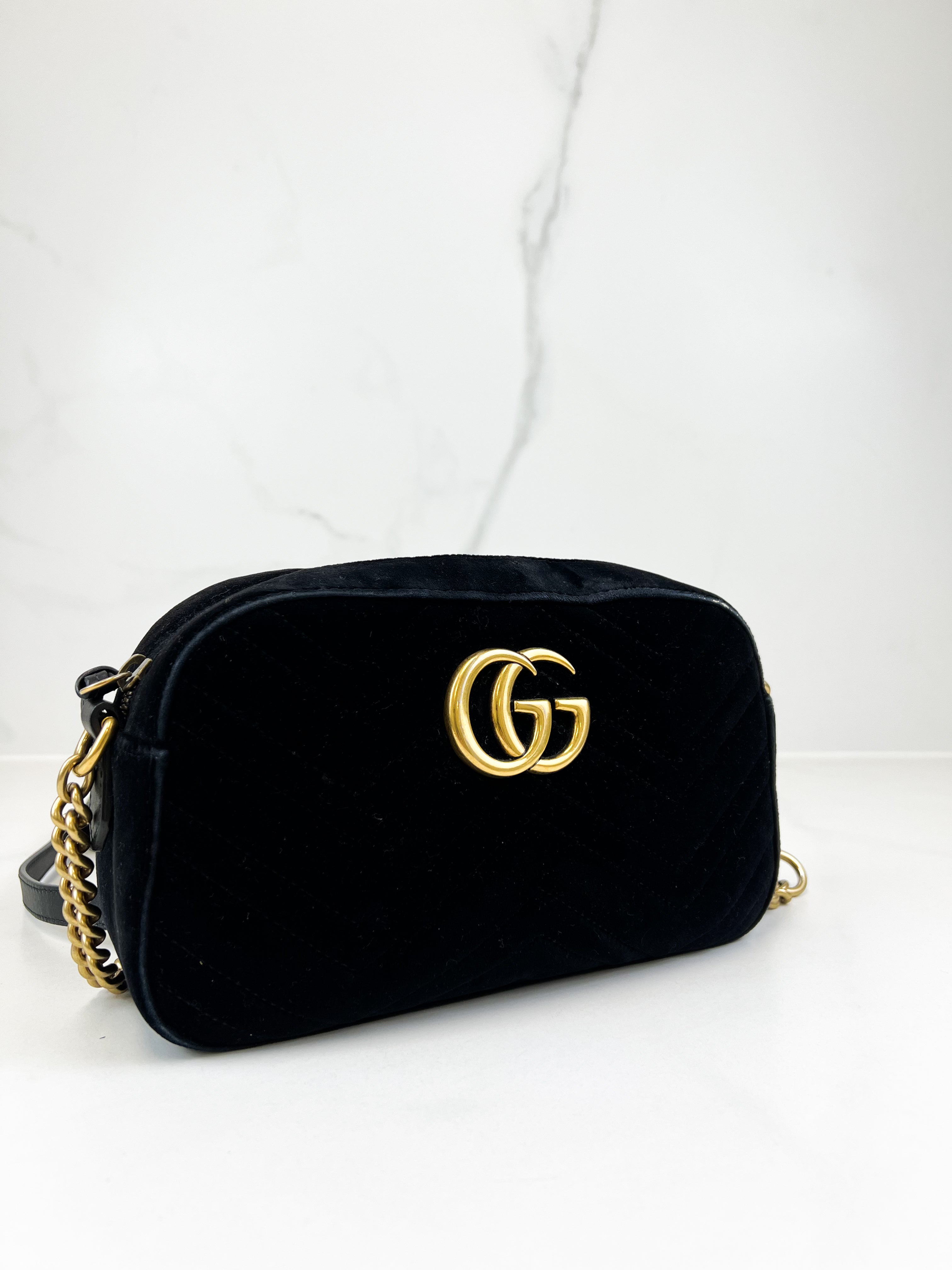 Gucci Small Velvet GG Marmont Matelasse Bag in Black