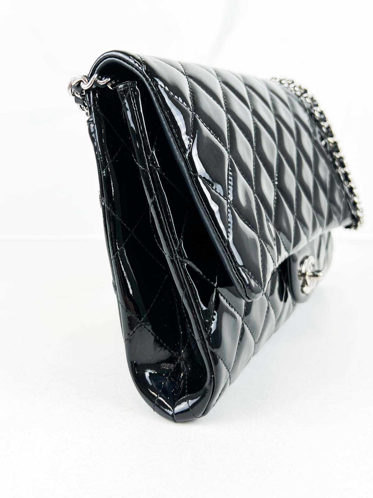 Chanel Black Quilted Patent Leather Clutch-with-Chain SHW
