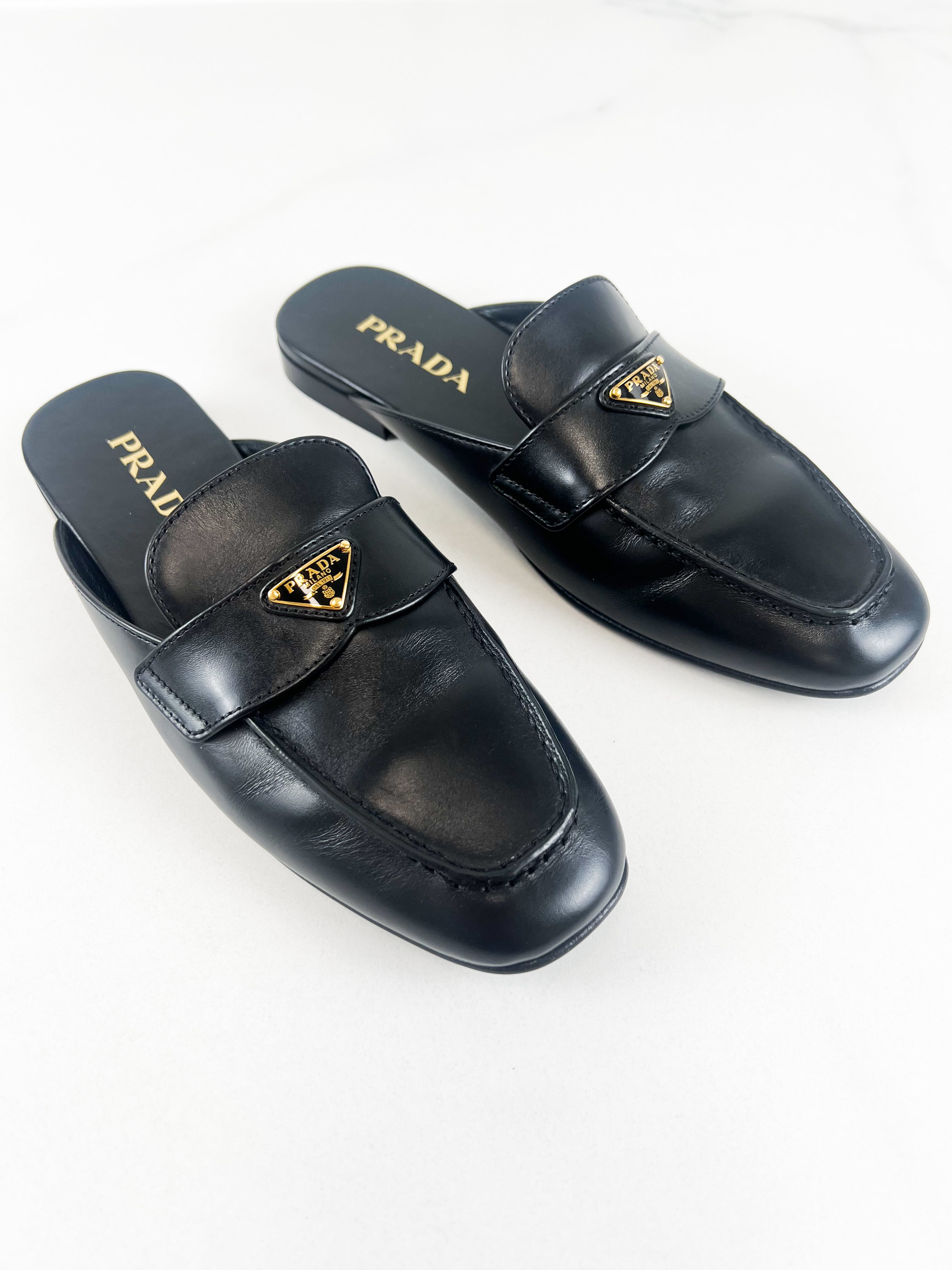 Prada Black Brushed leather Mules Size 37.5