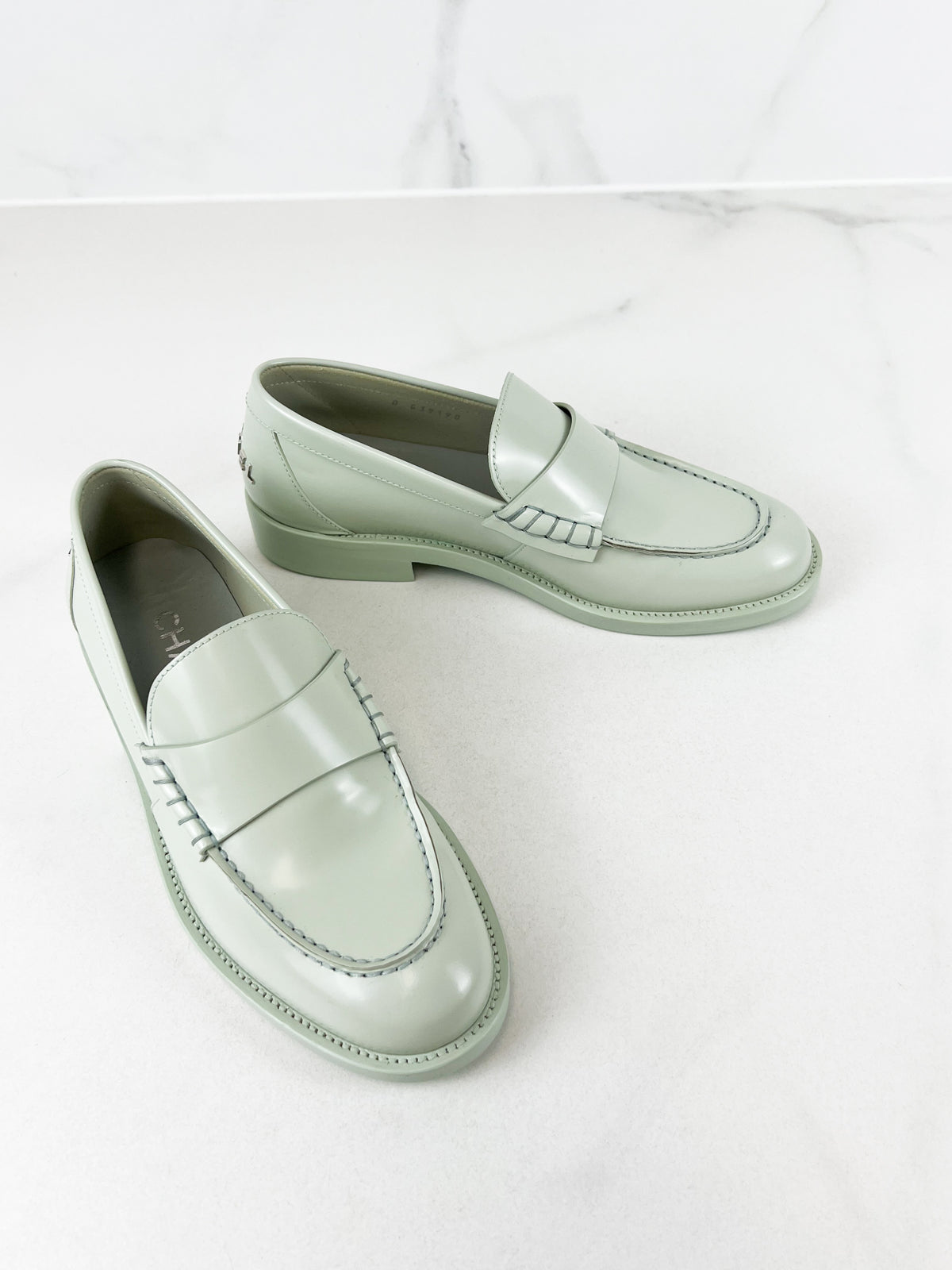 Chanel Patent Calf Skin Pale Green Logo Loafer Size 37.5C
