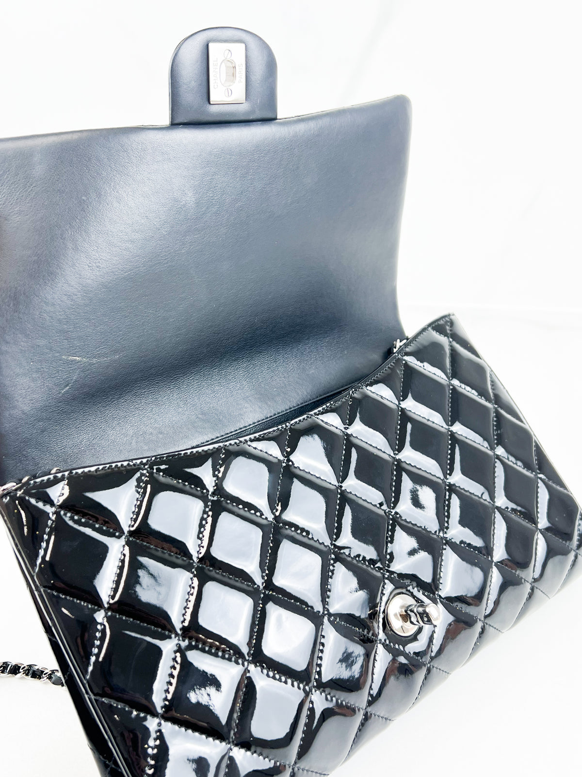 Chanel Black Quilted Patent Leather Clutch-with-Chain SHW