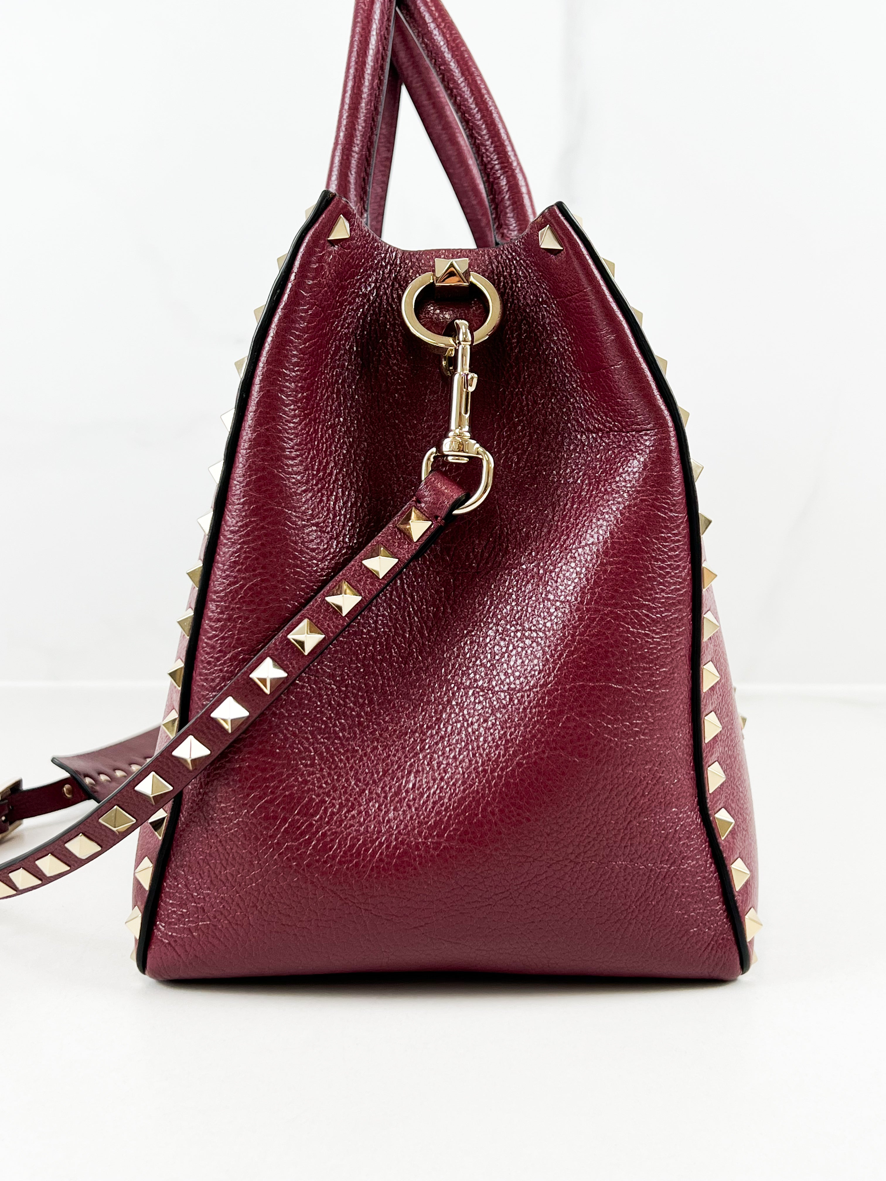 Valentino Garavani Burgundy Rockstud Leather Tote