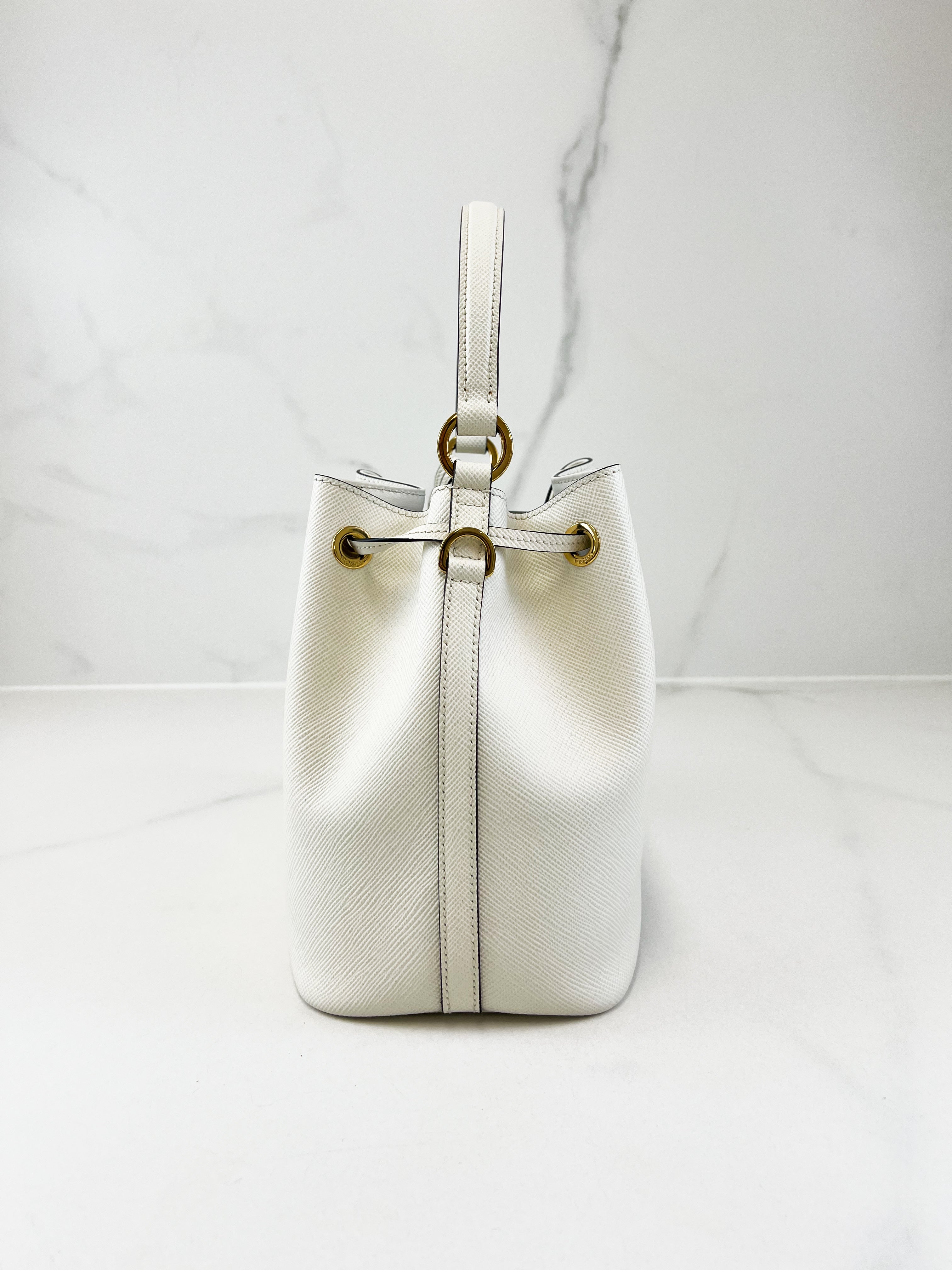 Prada Saffiano Top Handle Bucket Bag in White