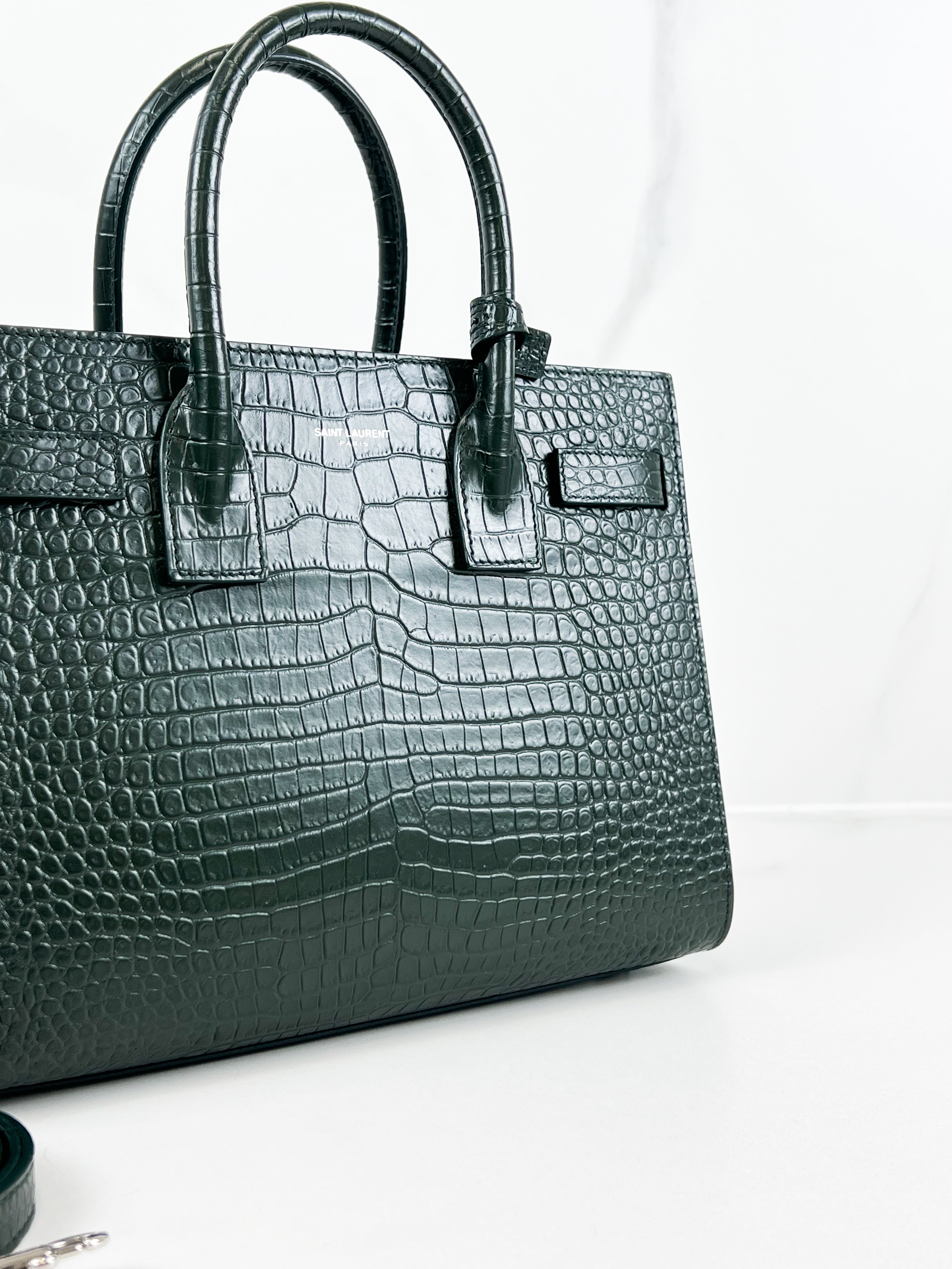 Saint Laurent Sac De Jour Small in Dark Green Croc Leather