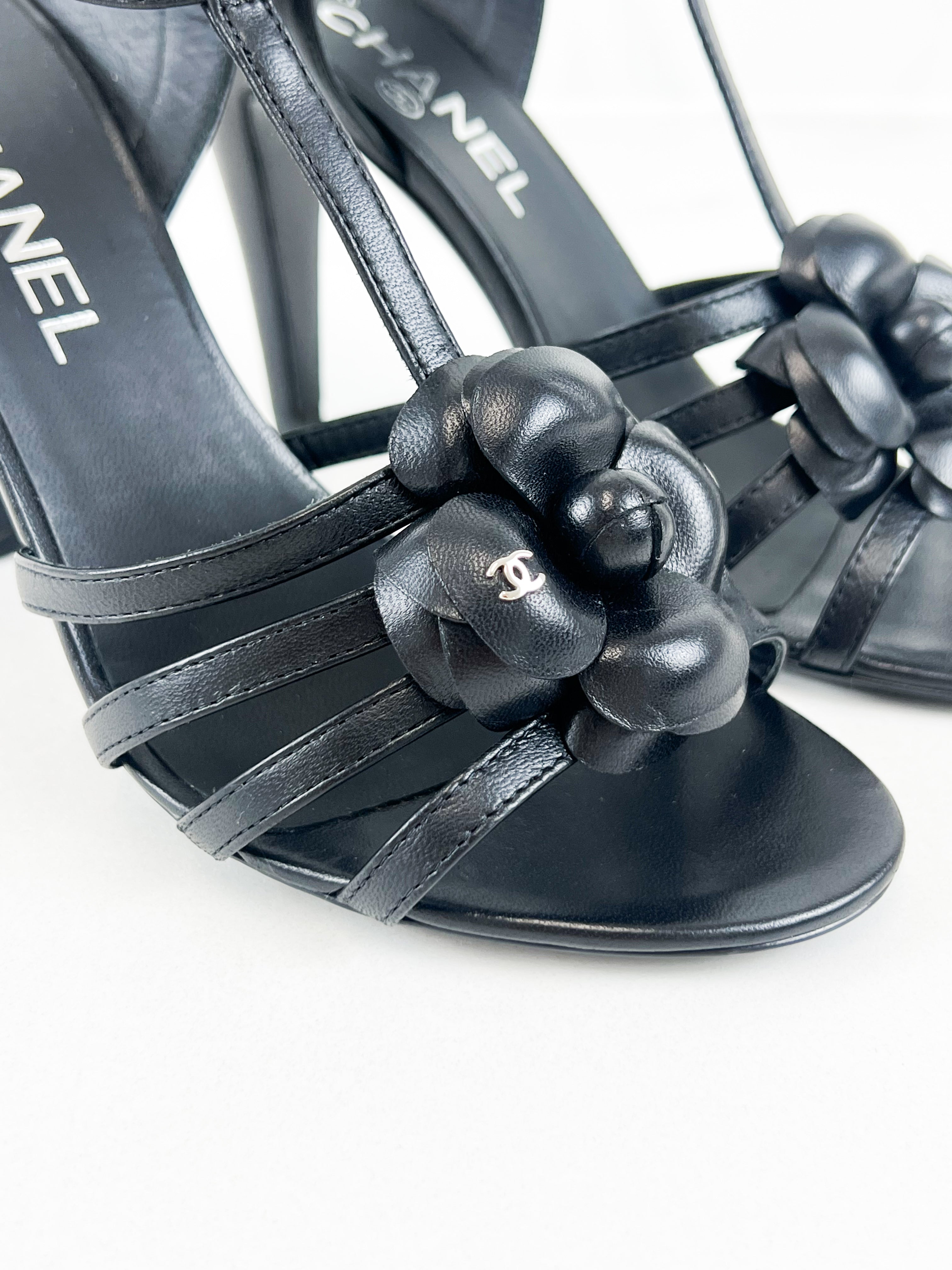 Chanel CC Black Leather Camellia Strappy Sandal