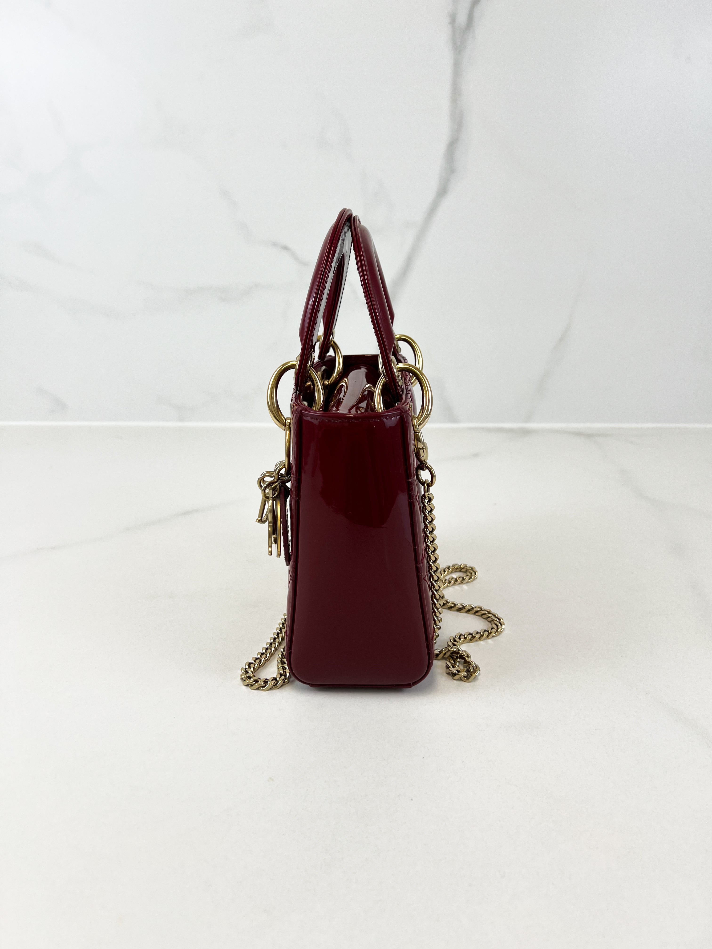 Christian Dior Mini Lady Dior Cannage Patent Leather in Red