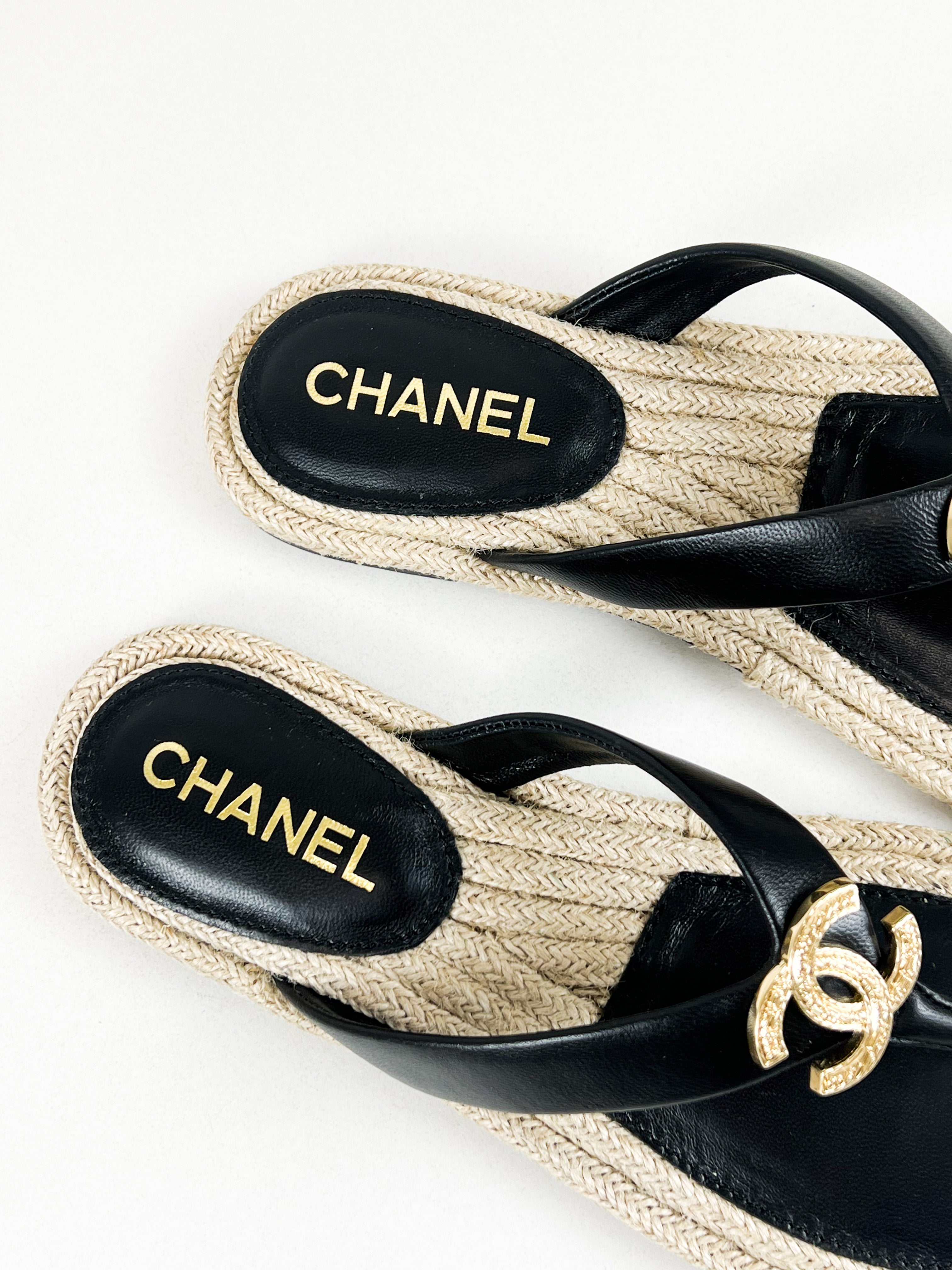 Chanel Black Raffia Thong Sandal with CC Logo GHW Size 39