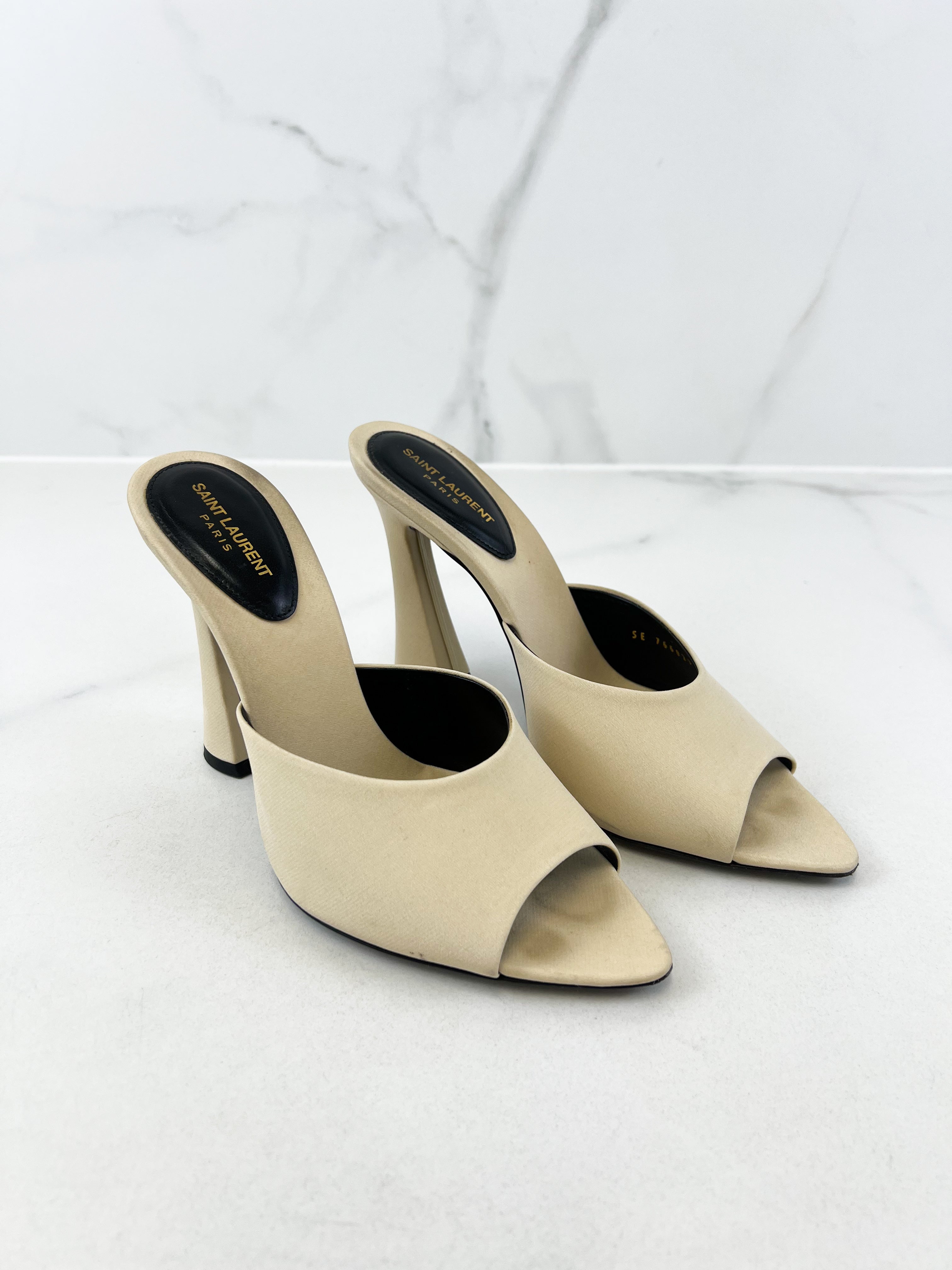 Saint Laurent Suite Silk Satin Mules in Natural