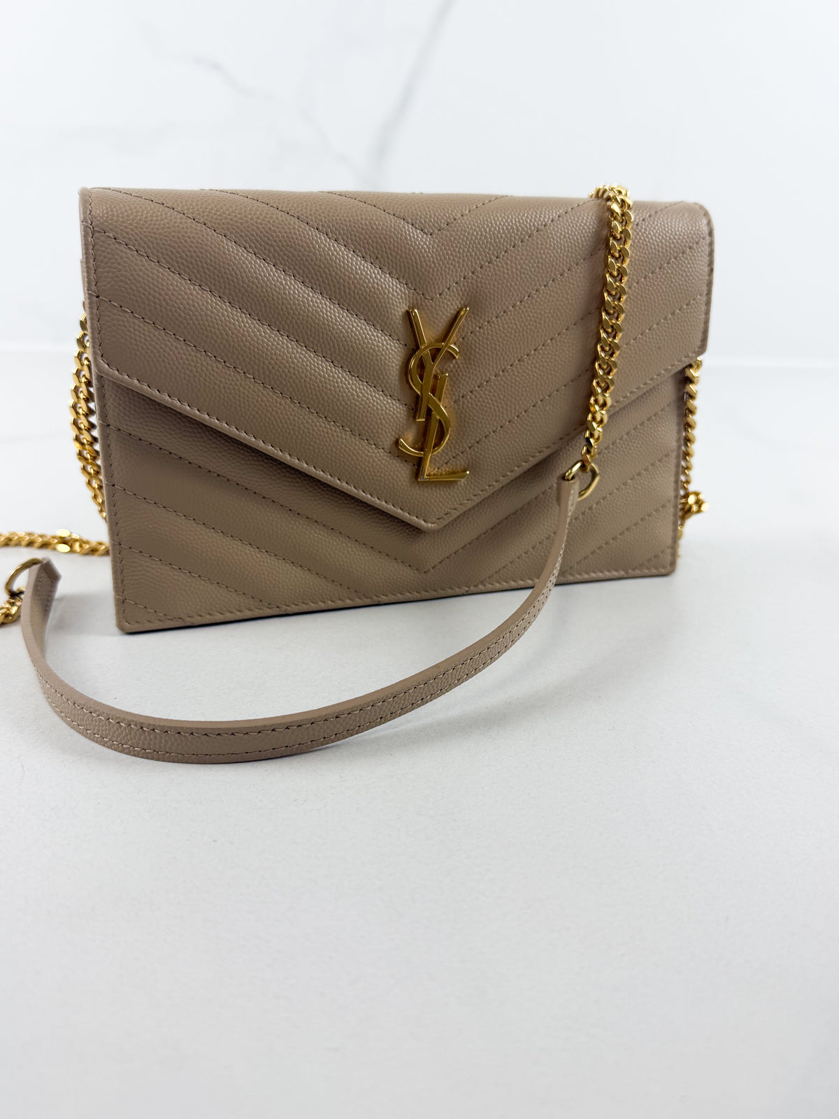 Saint Laurent Dark Beige Cassandre Envelope WOC in Grain De Poudre Leather with GHW