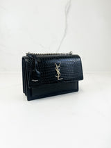 Saint Laurent Sunset Medium Black Croc Shoulder Bag with SHW