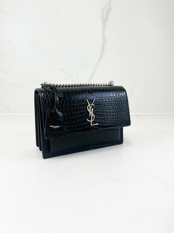 Saint Laurent Sunset Medium Black Croc Shoulder Bag with SHW