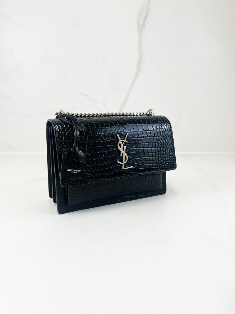 Saint Laurent Sunset Medium Black Croc Shoulder Bag with SHW
