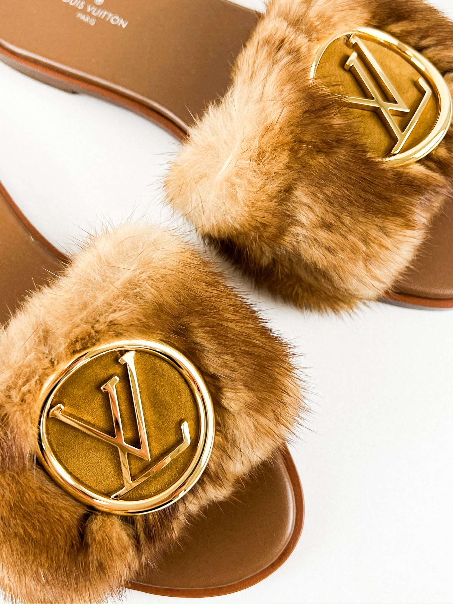 Louis Vuitton Lock It Brown Shearling Flat Slide Size 37