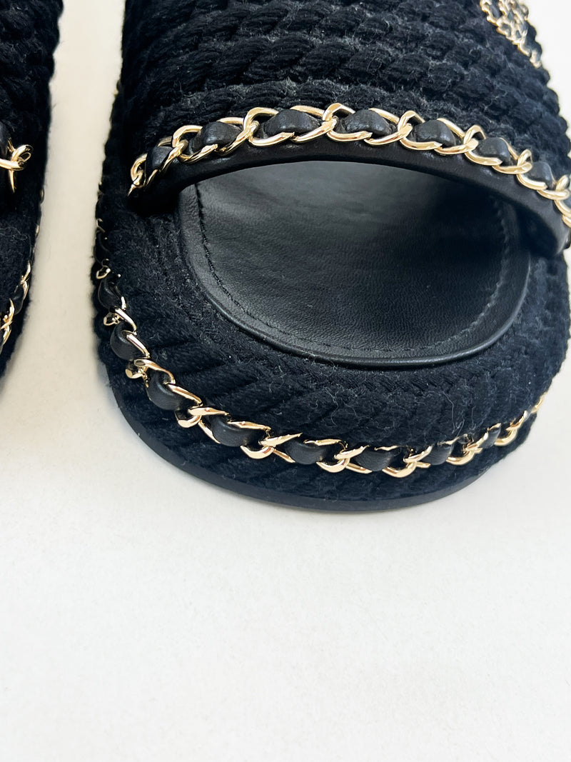 Chanel Black/Gold Woven Slides Size 38