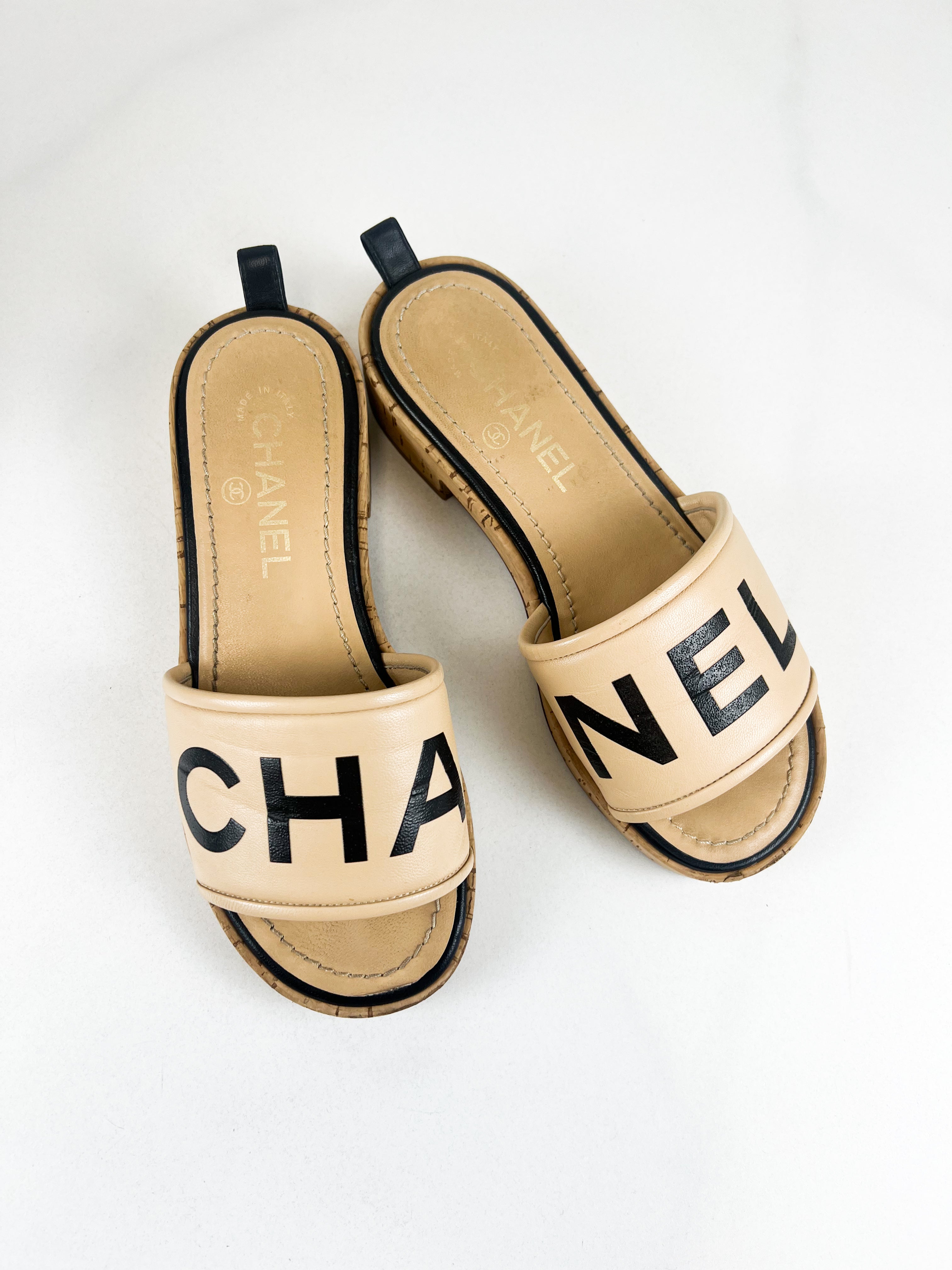 Chanel Beige Leather CC Cork Slide Sandal Size 36