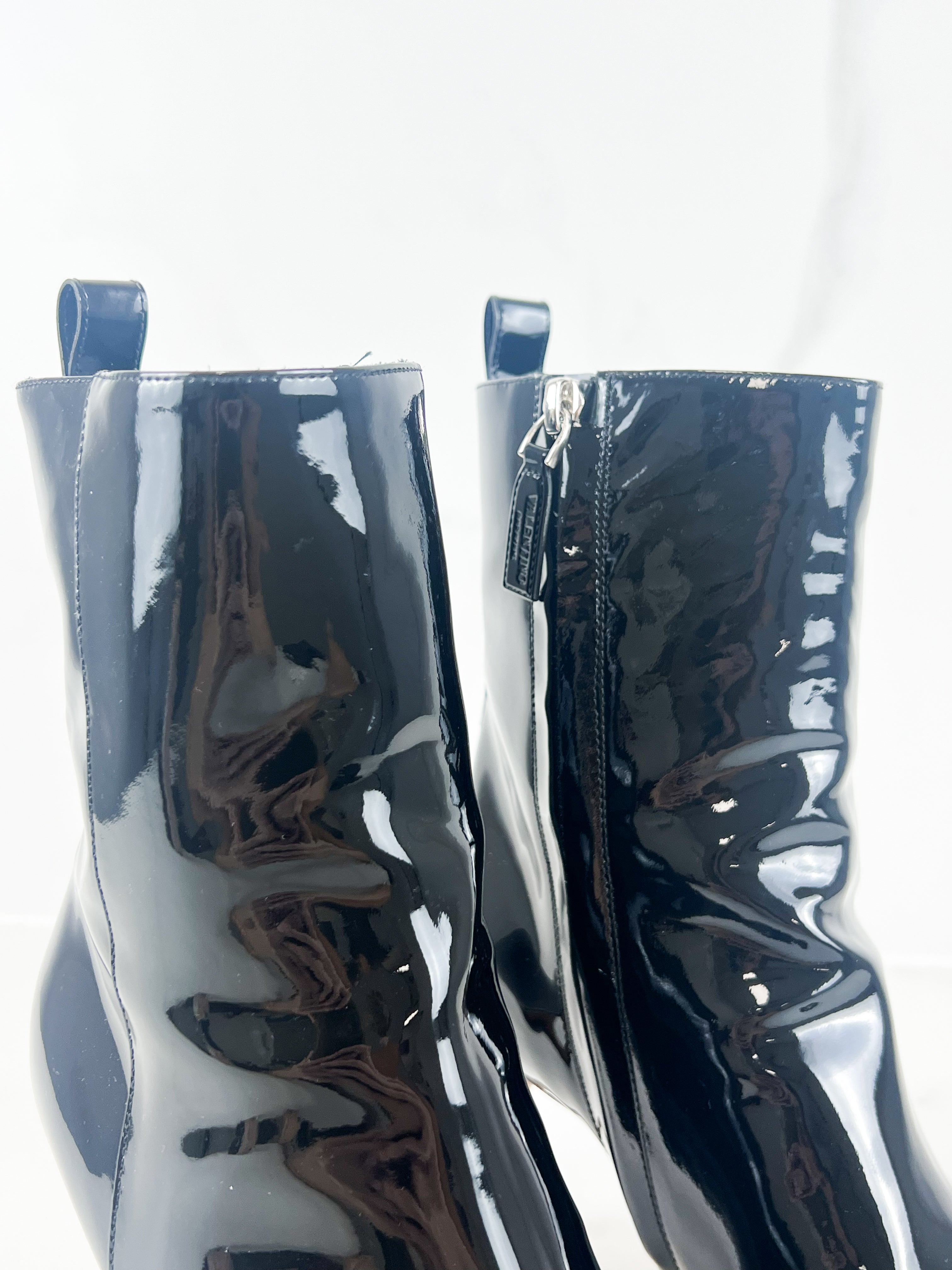 Valentino Black Patent Leather Logo Boots Size 37