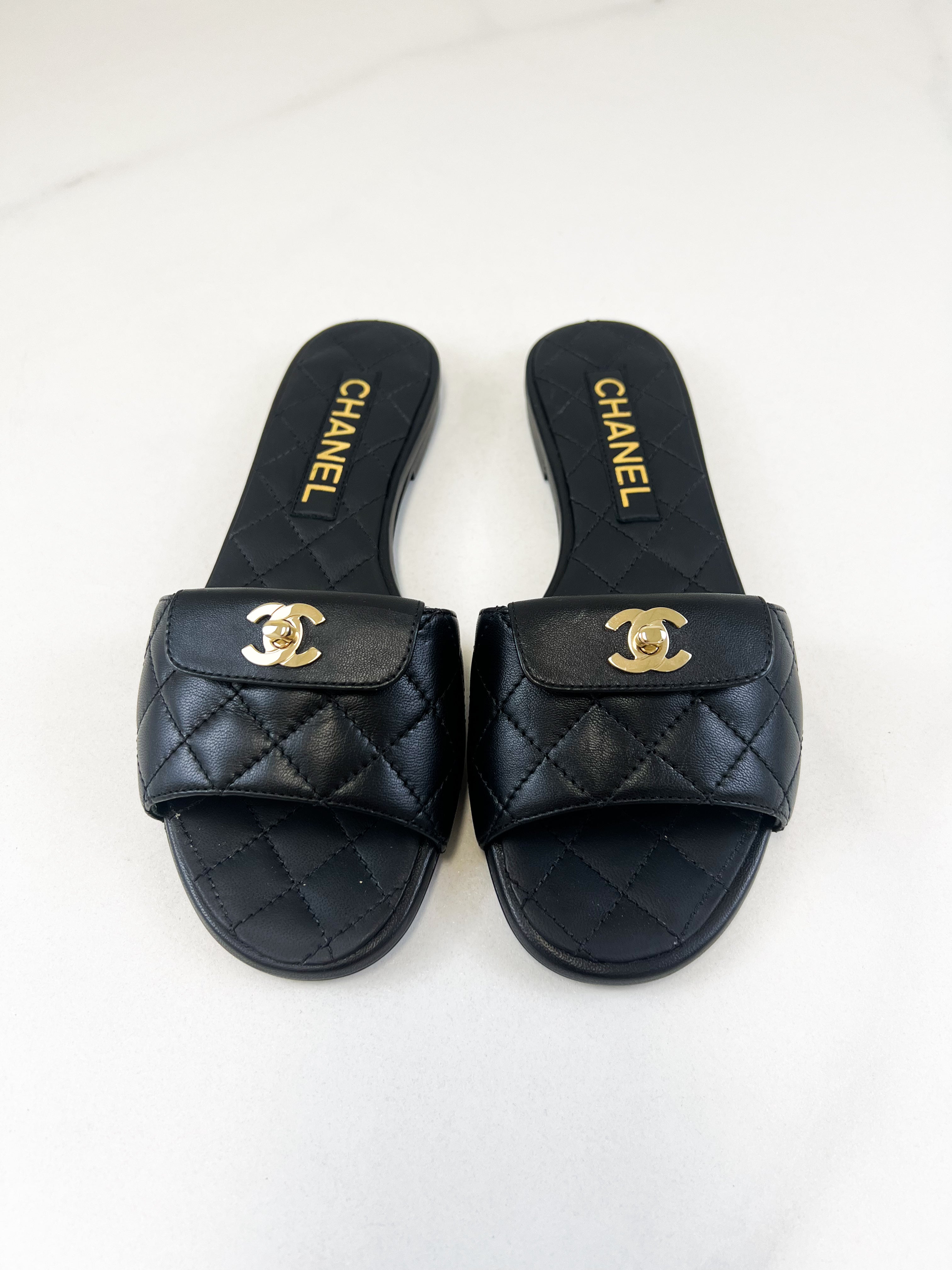 Chanel Black Quilted Leather Slides Size 36C