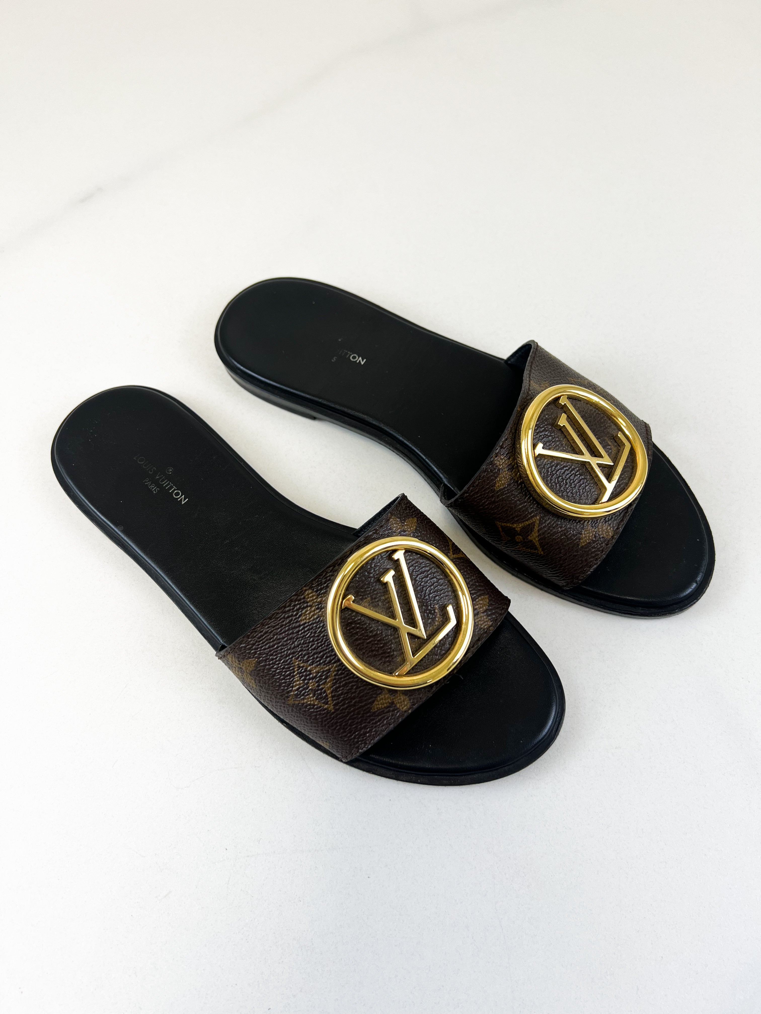 Louis Vuitton Monogram Lock It Flat Slides Size 37