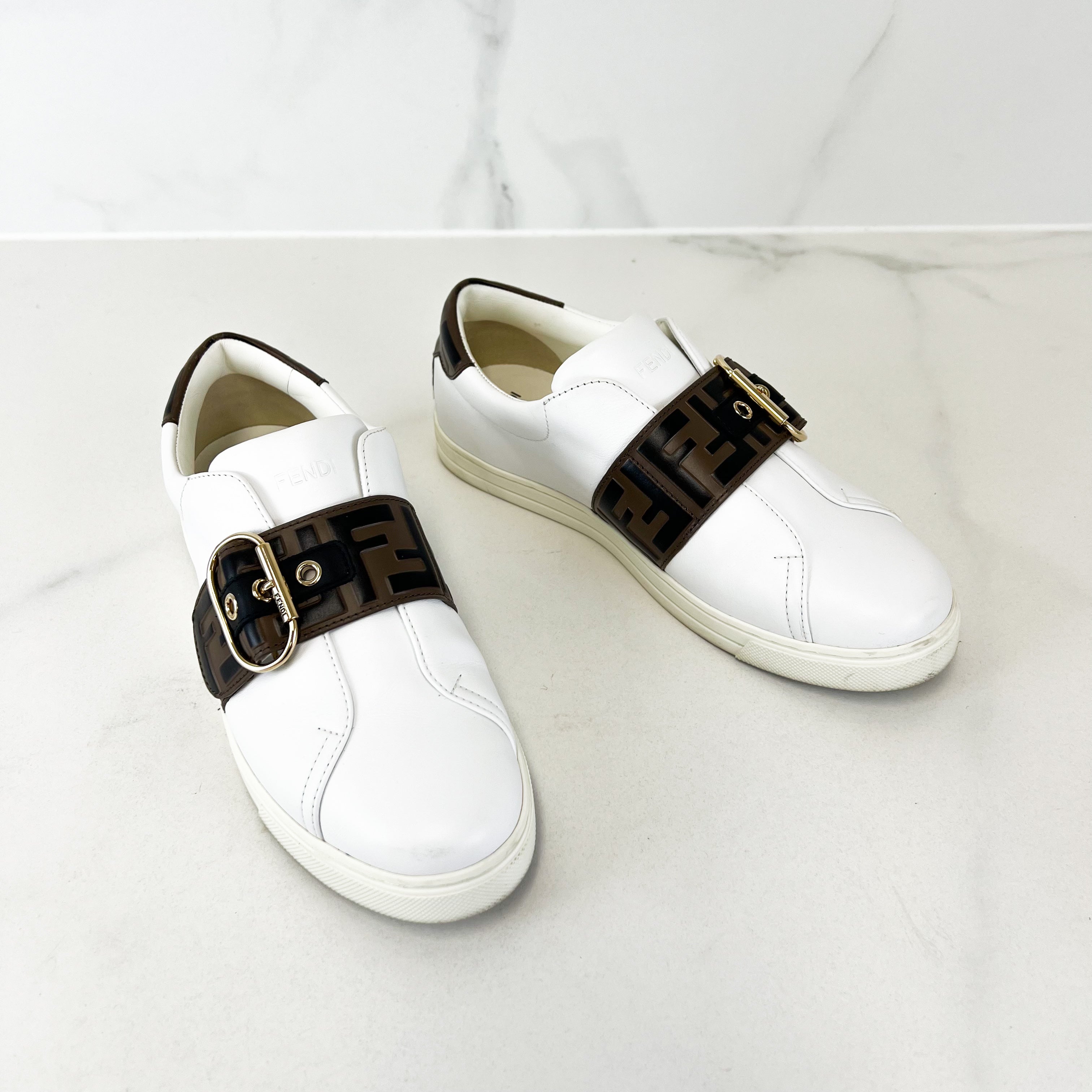 Fendi White FF Leather Sneakers Size 39