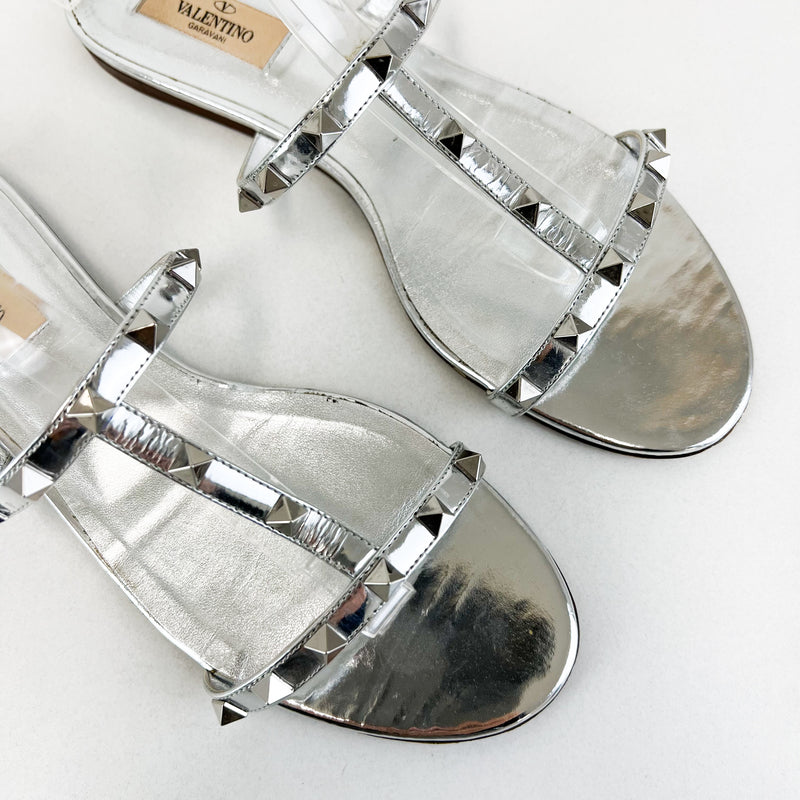 Valentino Metallic Silver Caged Rockstud Slides Size 40