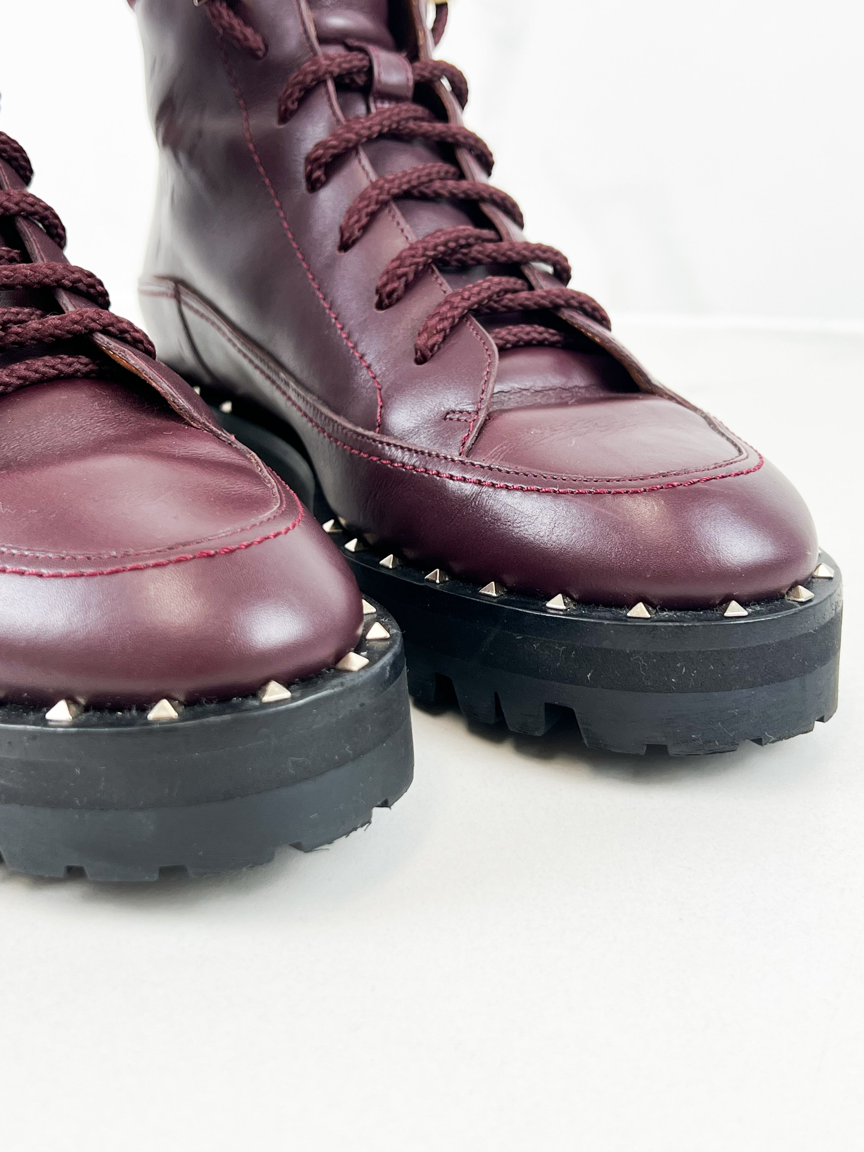 Valentino Garavani Rockstud Leather Combat Boots in Burgundy Size 36