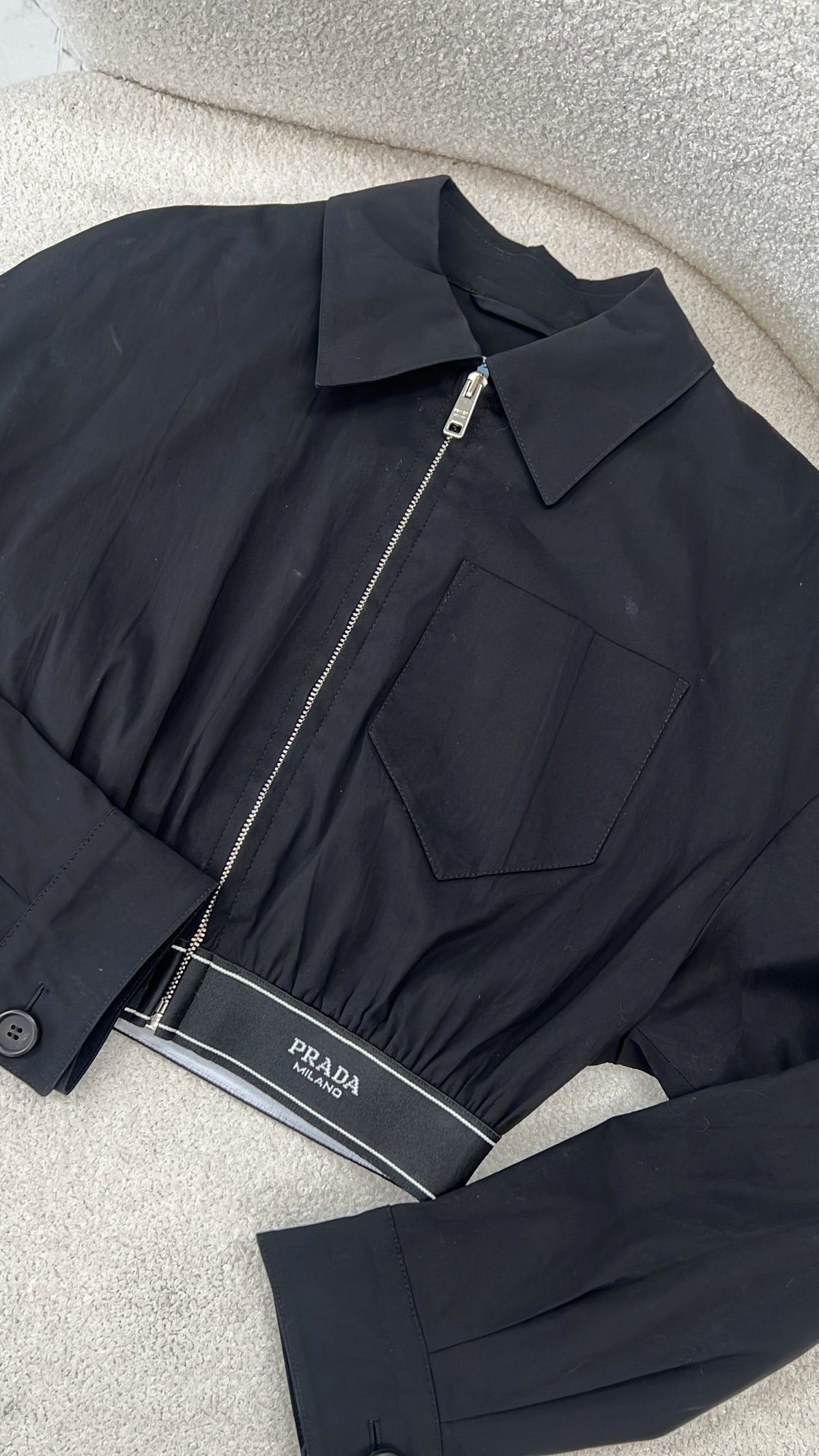 Prada Dark Navy Cropped Stretch Poplin Logo Band Jacket Size 36