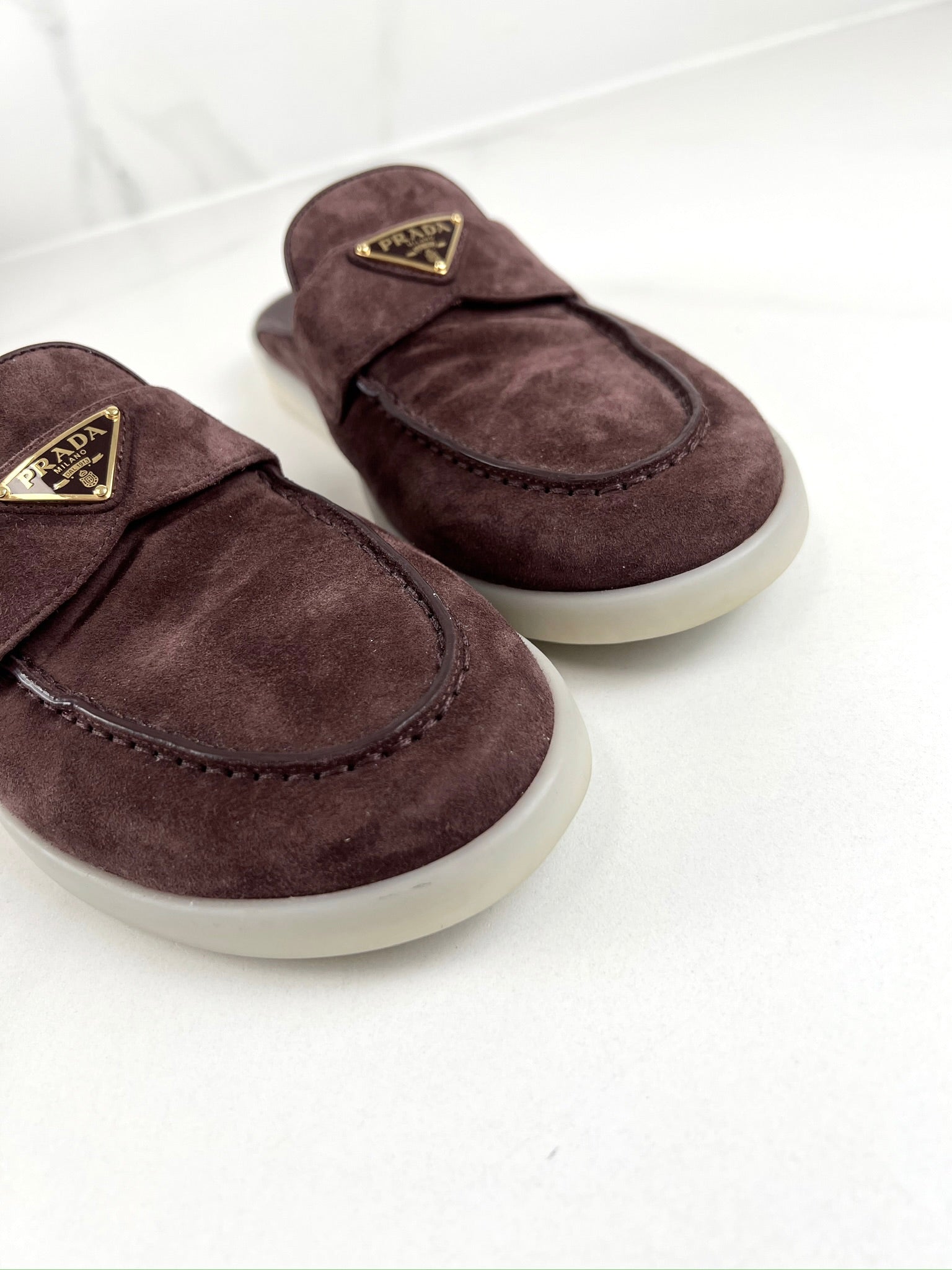 Prada Burgundy Suede Logo Mules Size 38