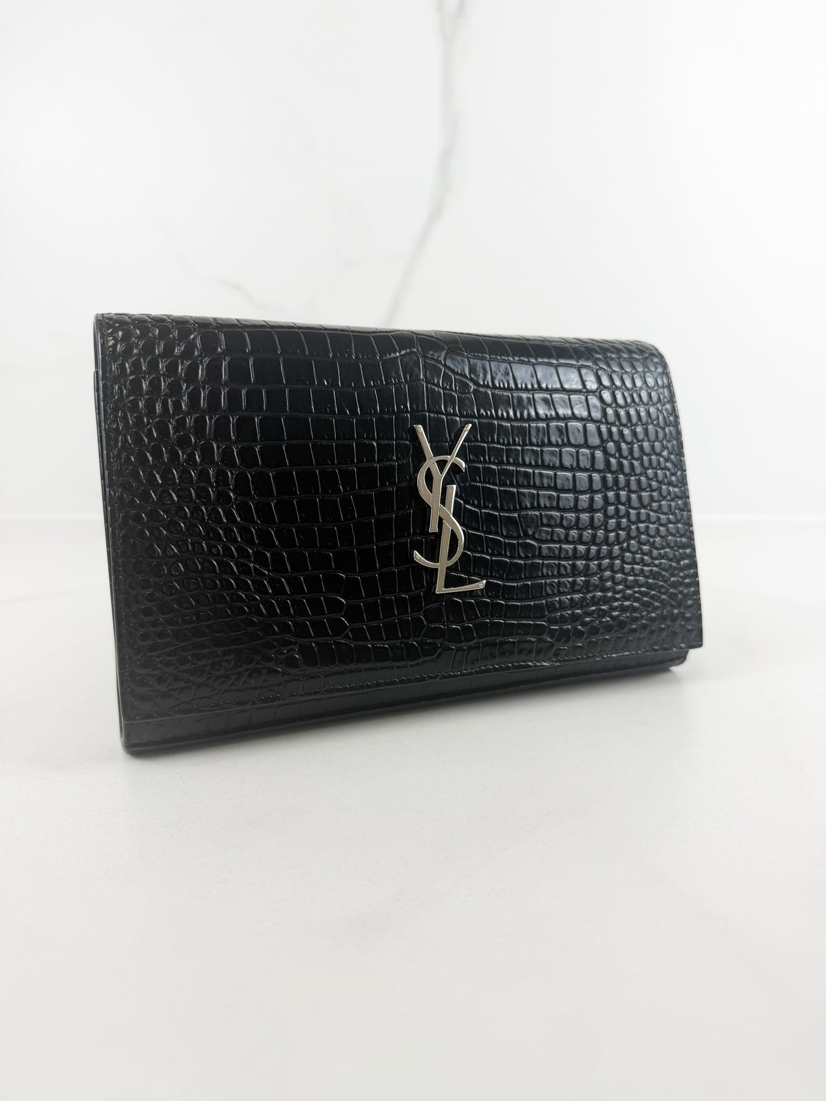 Saint Laurent Black Kate Chain Bag in Embossed Croc Leather