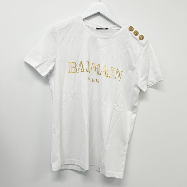 Balmain White Logo Print Cotton T-Shirt Size M