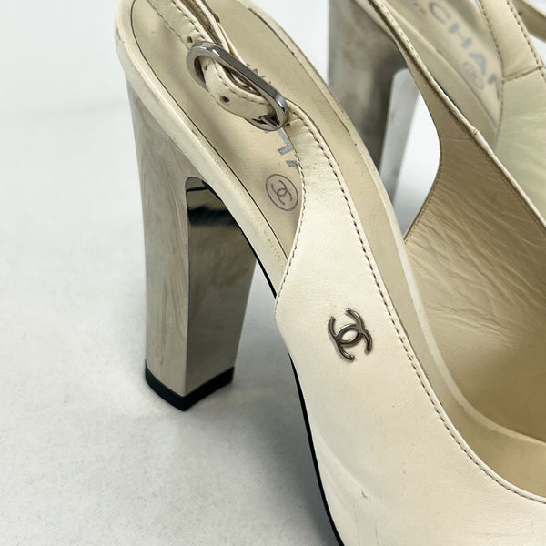 Chanel White Goatskin Slingback Size 38.5C