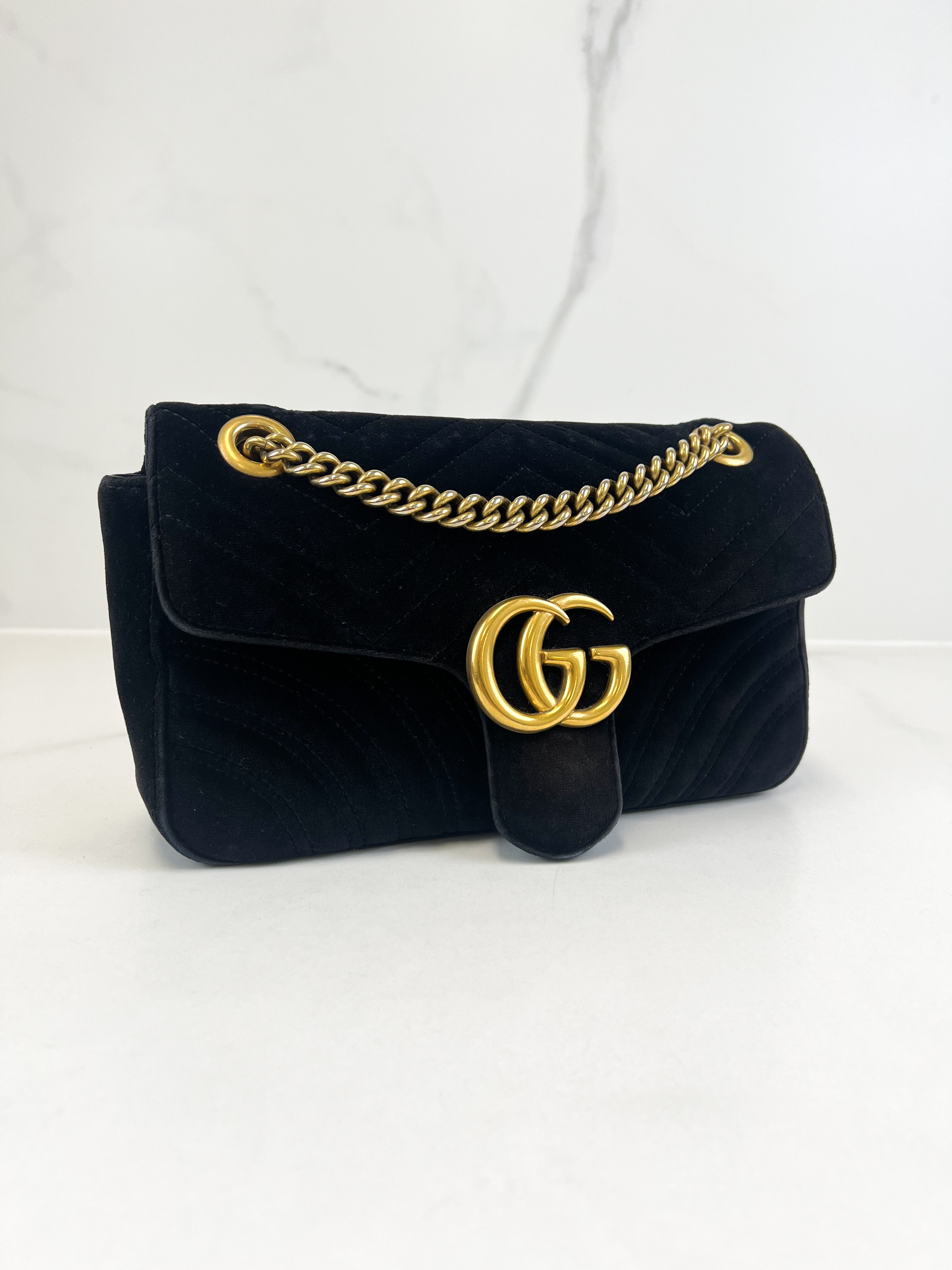 Gucci GG Marmont Matelasse Small Velvet Flap Shoulder Bag Black