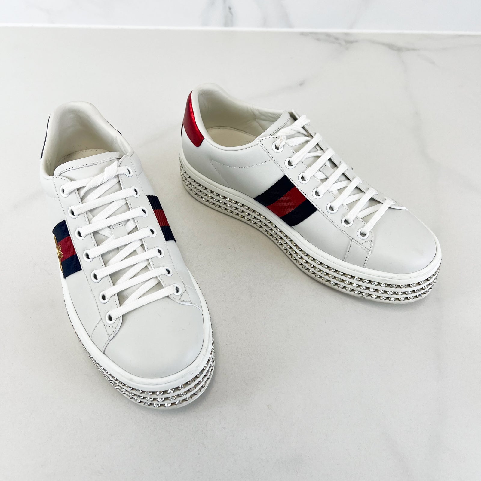 Gucci Ace Bee Embroidered Crystal Platform Sneaker Size 38 Shopluxe Consignment