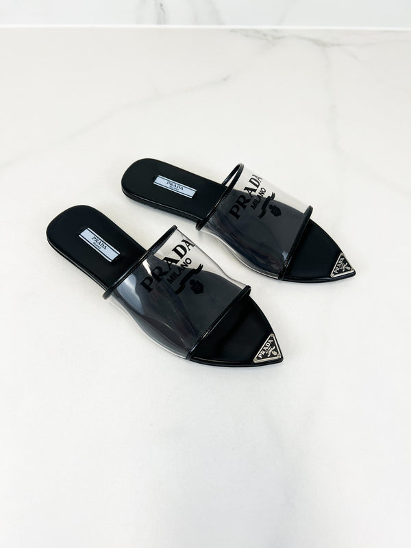 Prada Logo Print Plexiglass Flat Mule Size 37.5