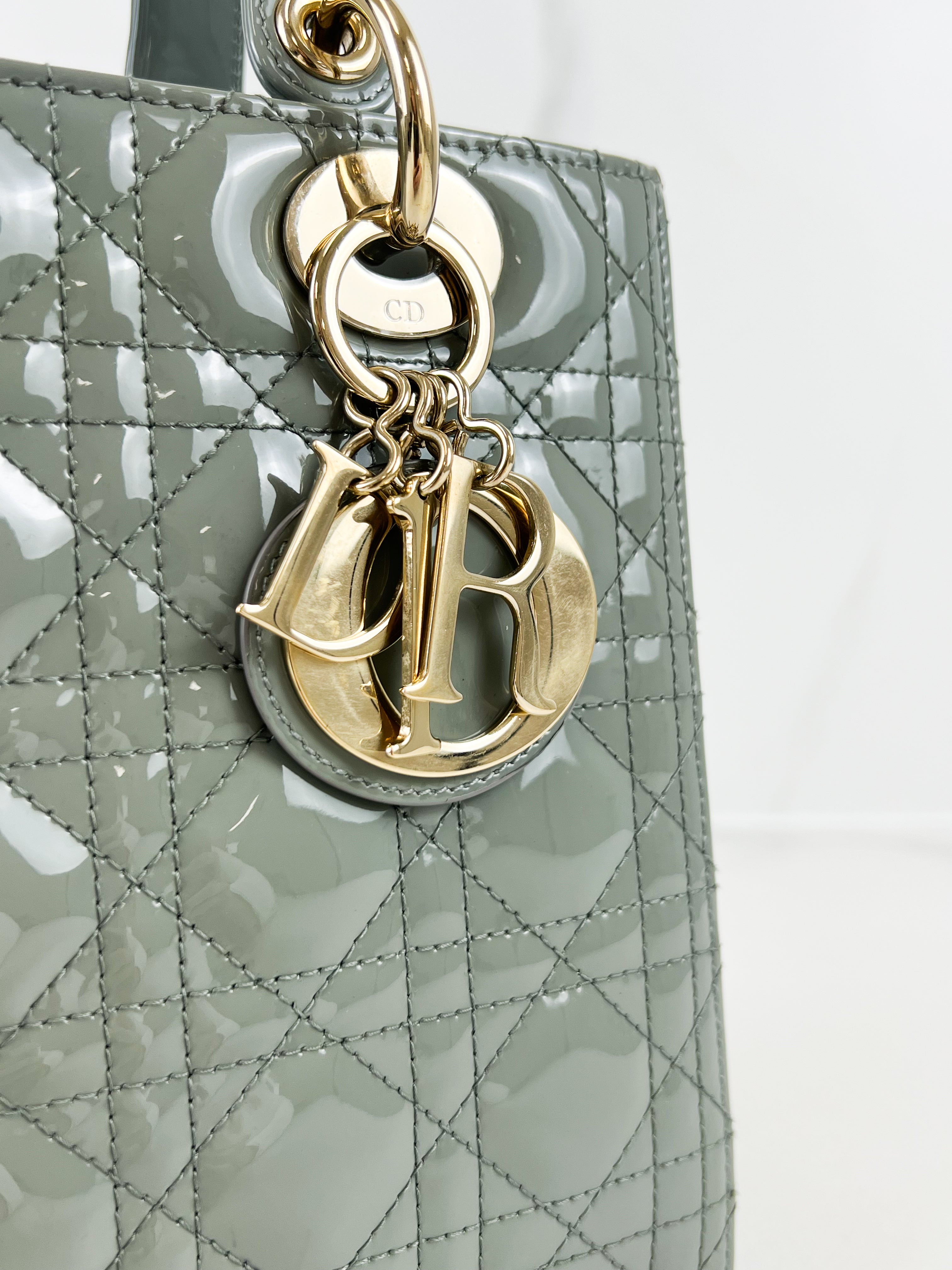 Christian Dior Medium Lady Dior In Grey Patent with GHW