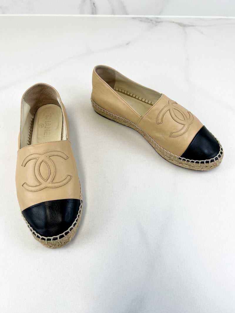 Chanel CC Logo Black & Beige Leather Espadrilles Size 38